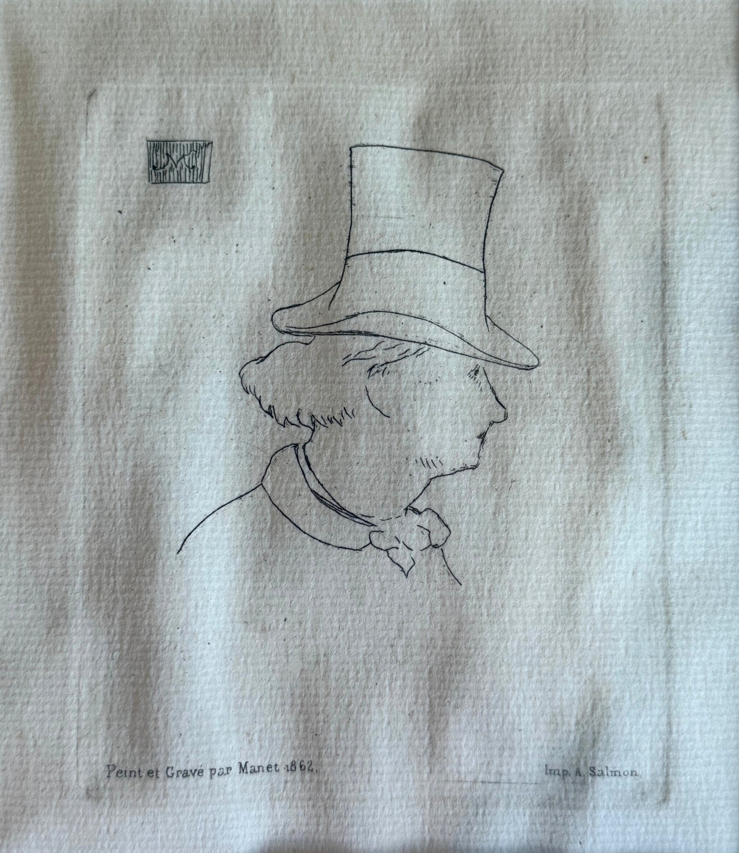 Close-up of 1862 Édouard Manet etching "Baudelaire With Hat," showing fine line work and age-related waviness in antique paper.