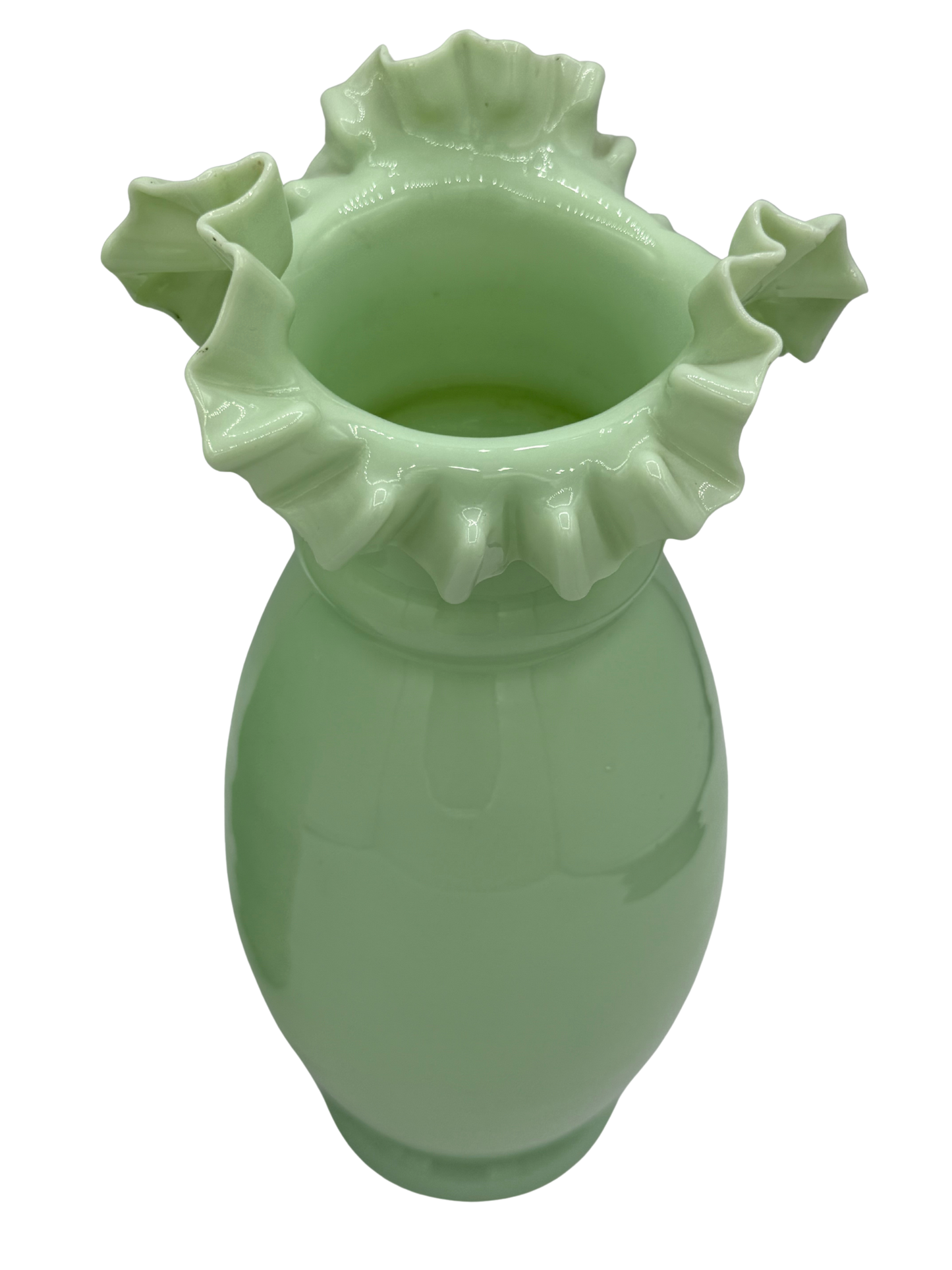 Detail of two green opaline glass vases side by side, highlighting the delicate Art Nouveau curves and smooth, translucent surface.
