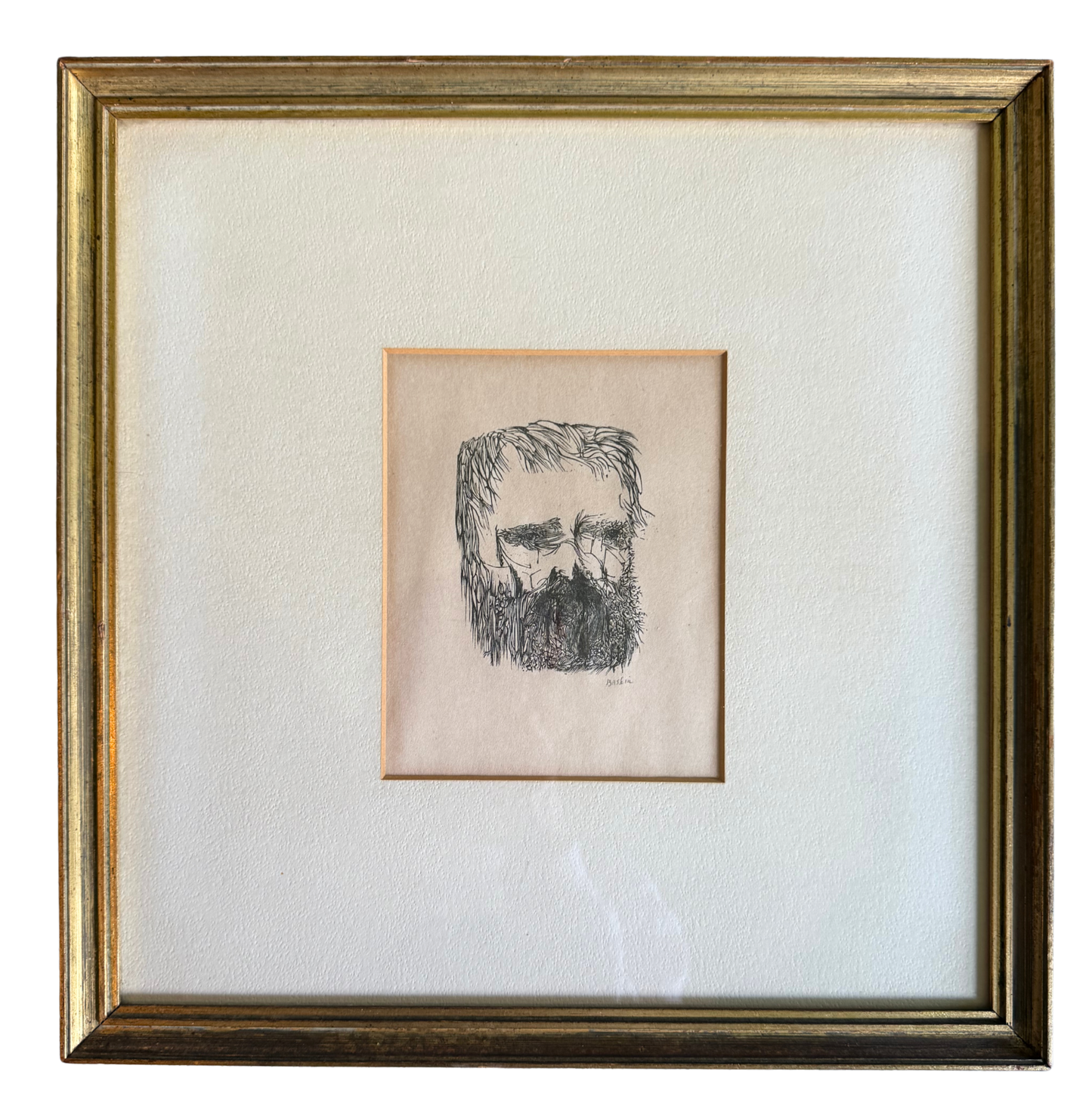 Framed signed wood engraving by Leonard Baskin titled Portrait of Edward Calvert (1956), edition 34 of 235, professionally matted and framed in a gold wood frame.