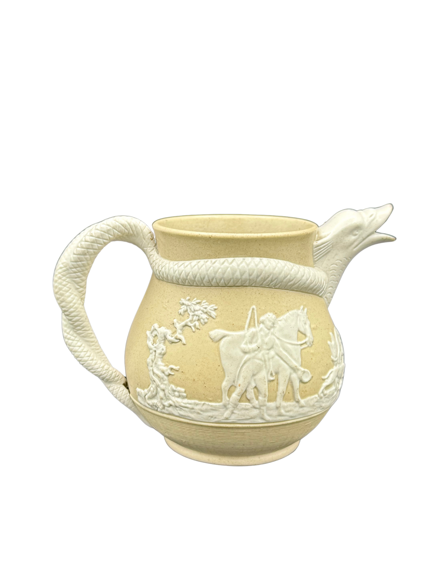 English stoneware jug showing coiled serpent handle and fox hunting scene, Stephen Green Imperial Pottery circa 1850