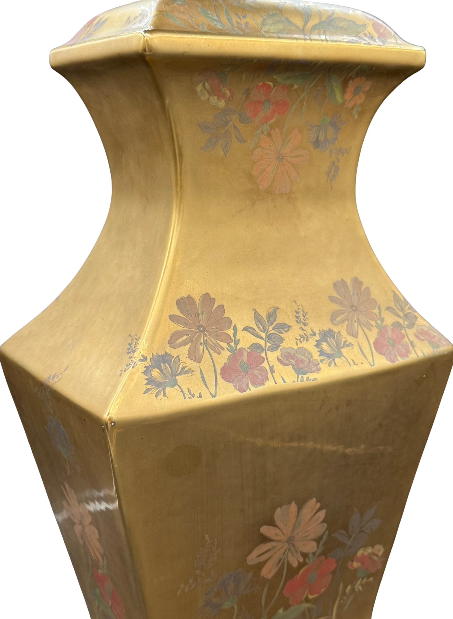 Close-up of hand-painted floral detailing on gold porcelain Morris Greenspan lamp with curved silhouette
