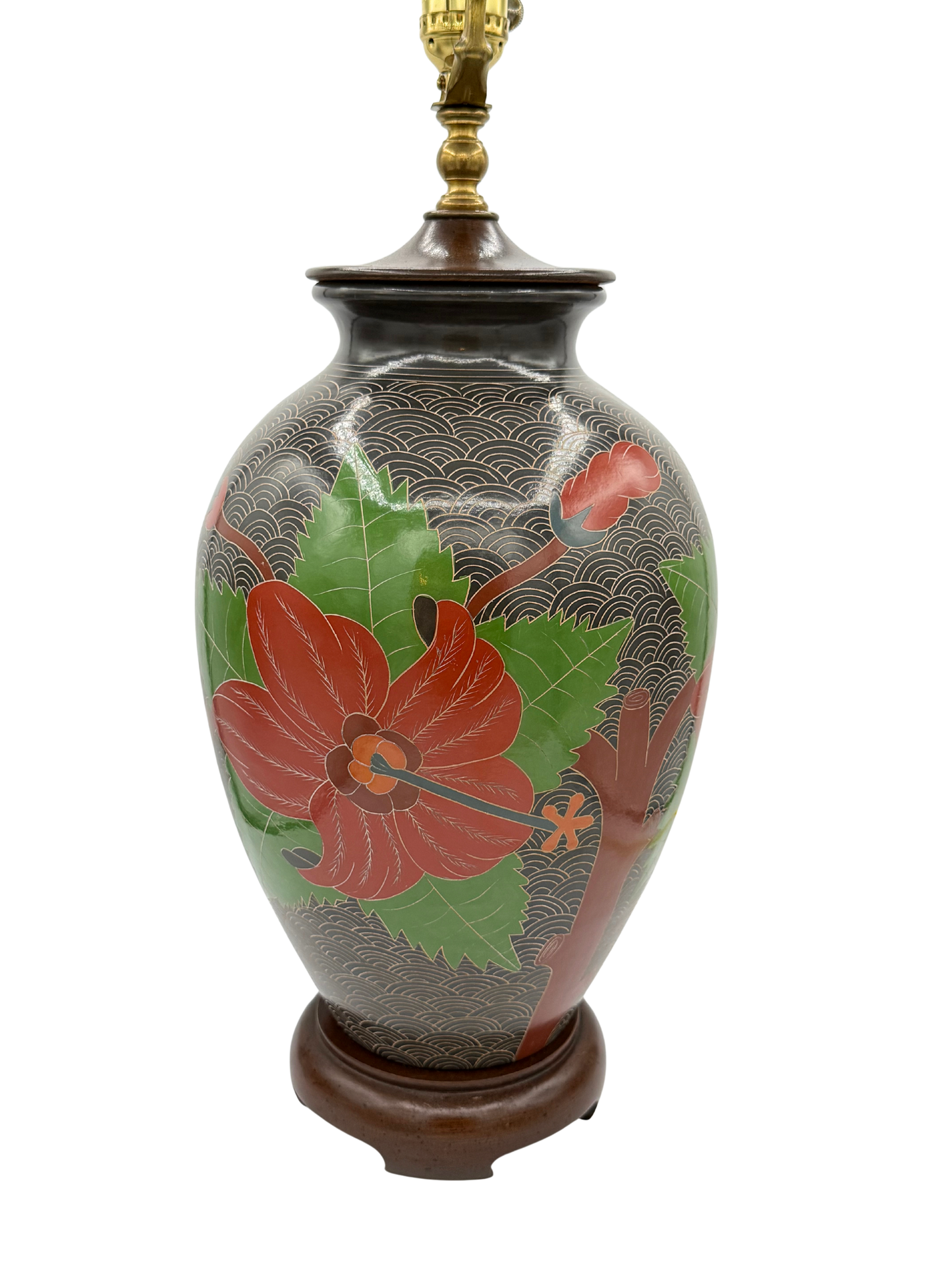 Vintage sgraffito stoneware table lamp with carved red flower and leaf motif, shown without lampshade on wood base