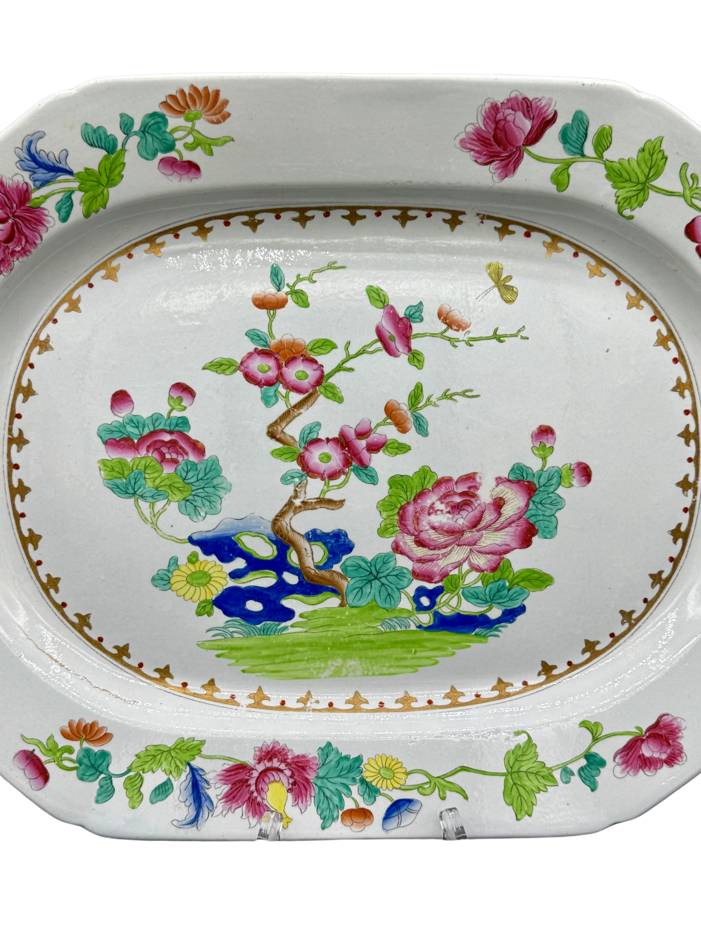 Early 19th century Spode Stone China platter showing central hand-painted garden motif and gold border.