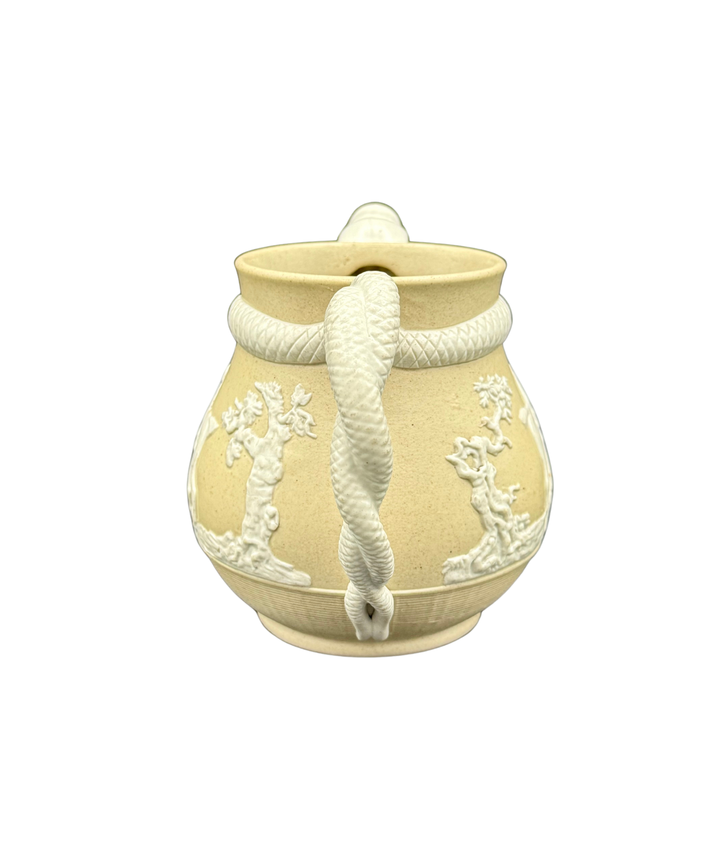 Back view of Victorian dragon-handle jug with applied tree relief, attributed to Stephen Green Lambeth Pottery