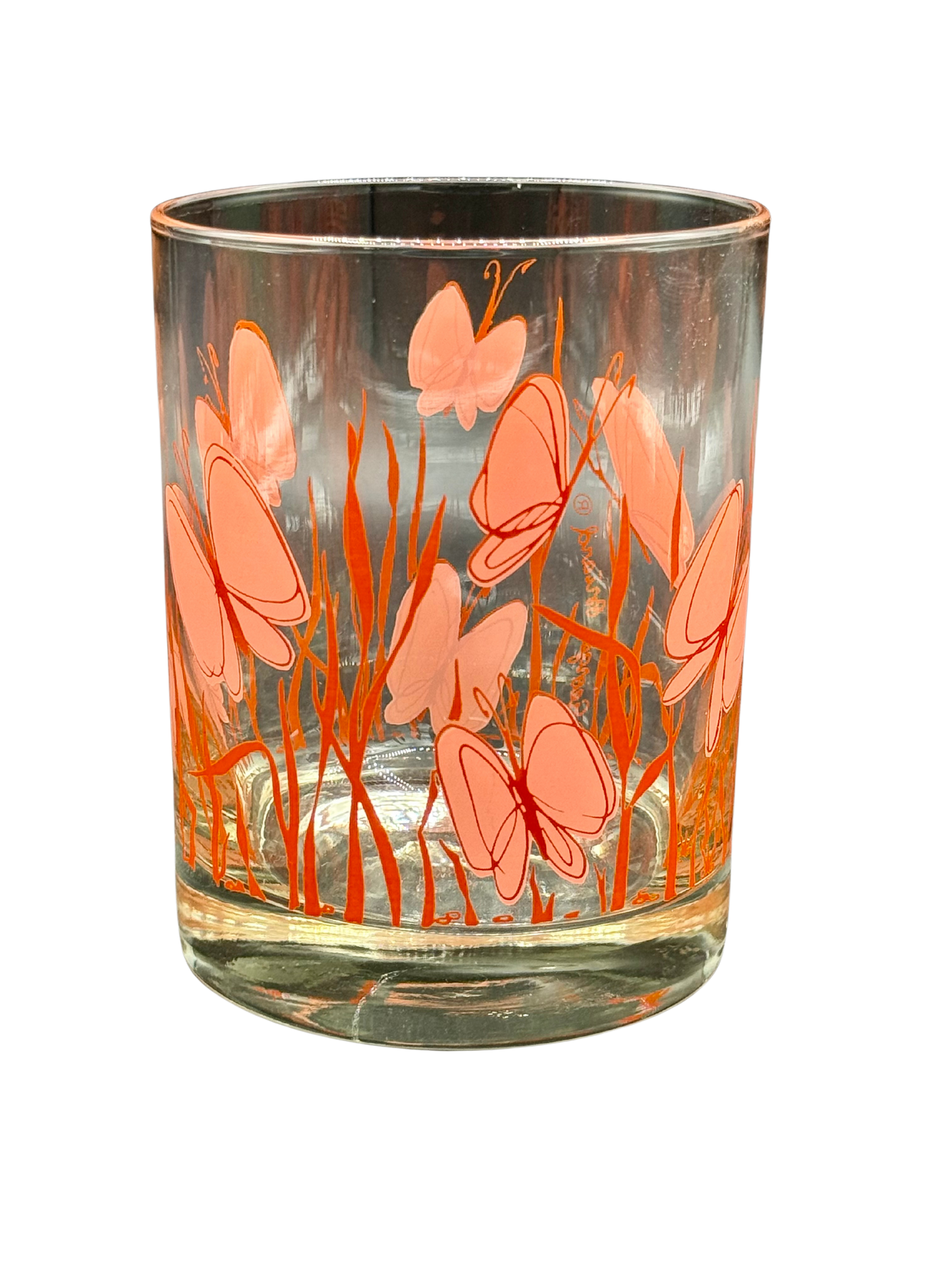 Single Georges Briard tumbler with pink butterfly and orange grass motif, midcentury signed glassware
