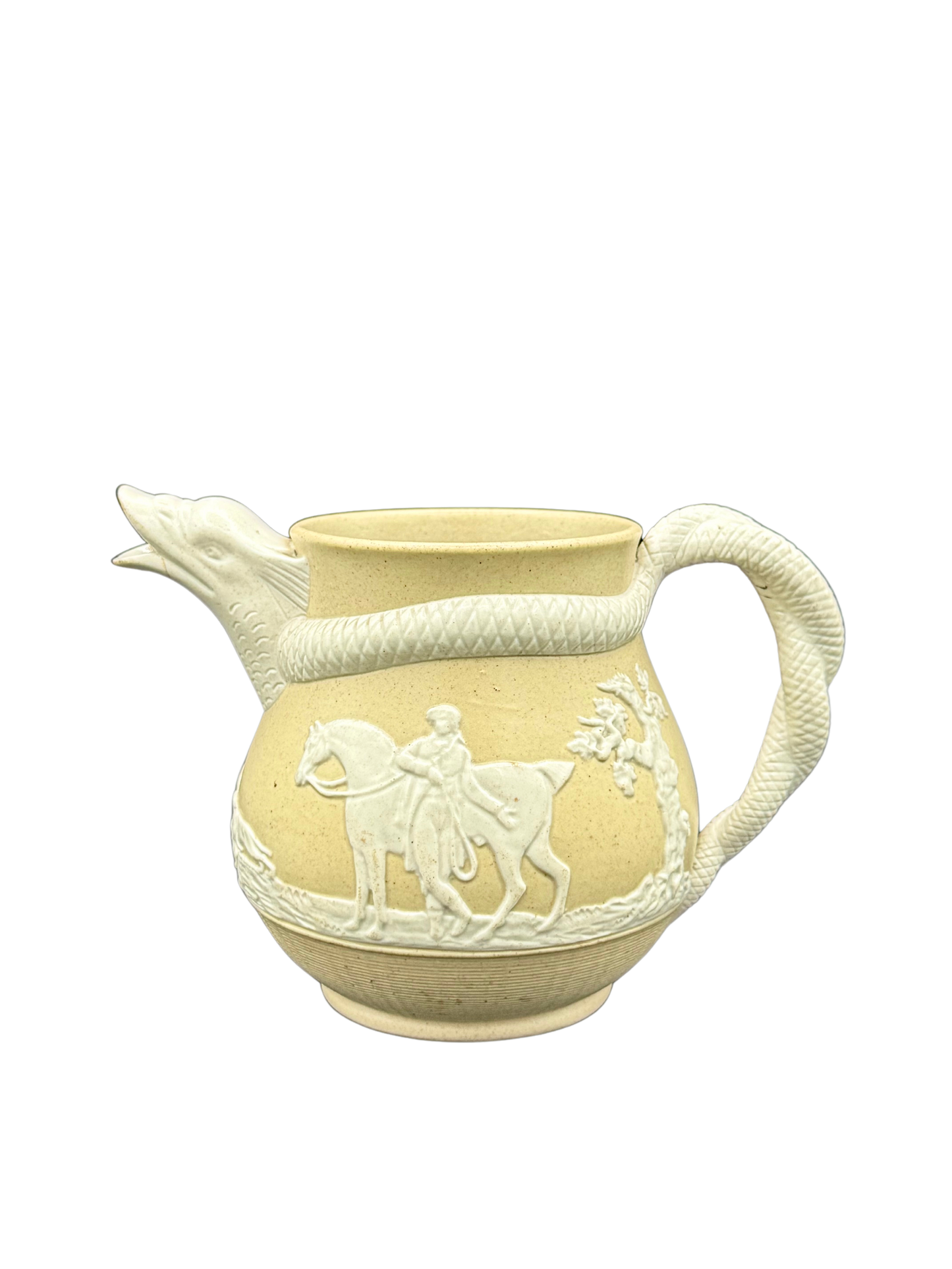 Side view of antique salt glaze jug with white sprigged rider and horse, made by Stephen Green Imperial Pottery, c. 1840–1865