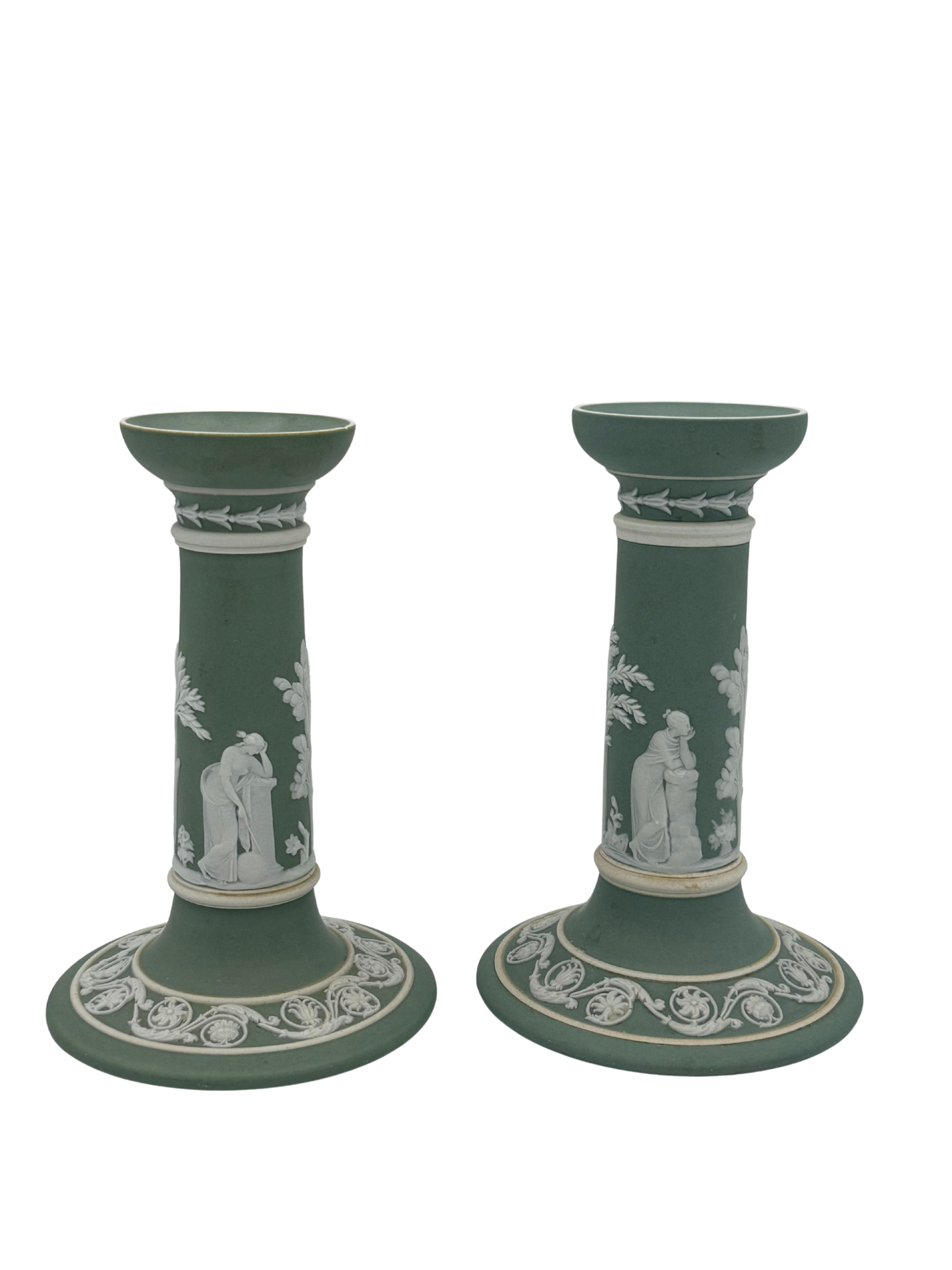 Pair of Antique Wedgwood Sage Green Jasperware Candlesticks