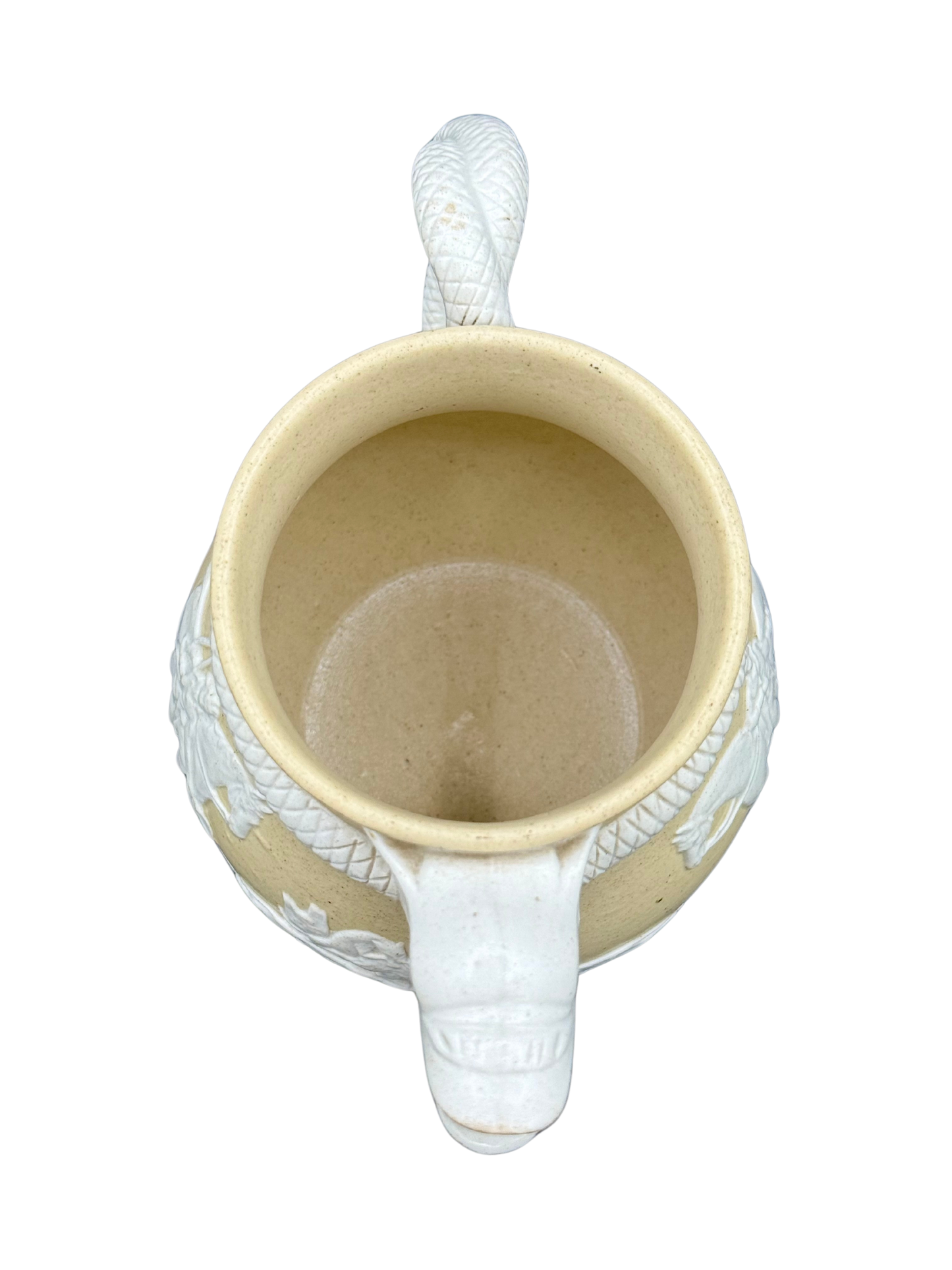 Top view of antique English stoneware hunting jug with dragon spout and coiled serpent handle, attributed to Stephen Green Imperial Pottery, c. 1840–1865