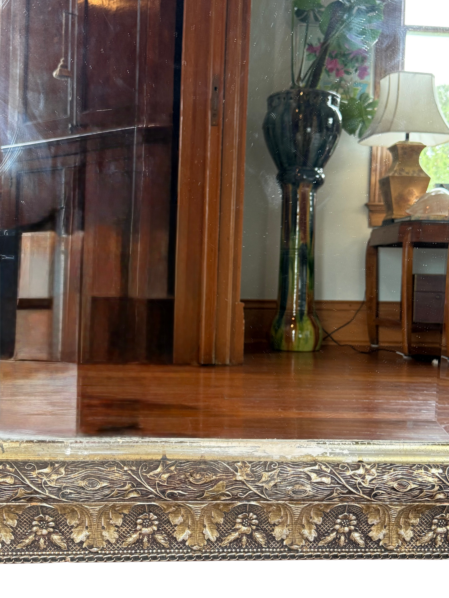“19th c. French‑Style Silver‑Leaf Gilt Beveled Mirror 43″ W × 34.5″ H – Carved Louis‑Philippe Frame”