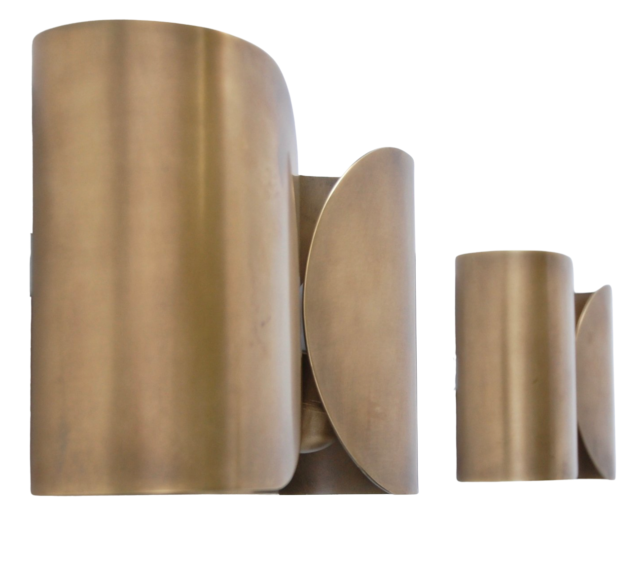 Italian-style postmodern brass wall sconces mounted on a white wall, showcasing sculptural depth and symmetry.