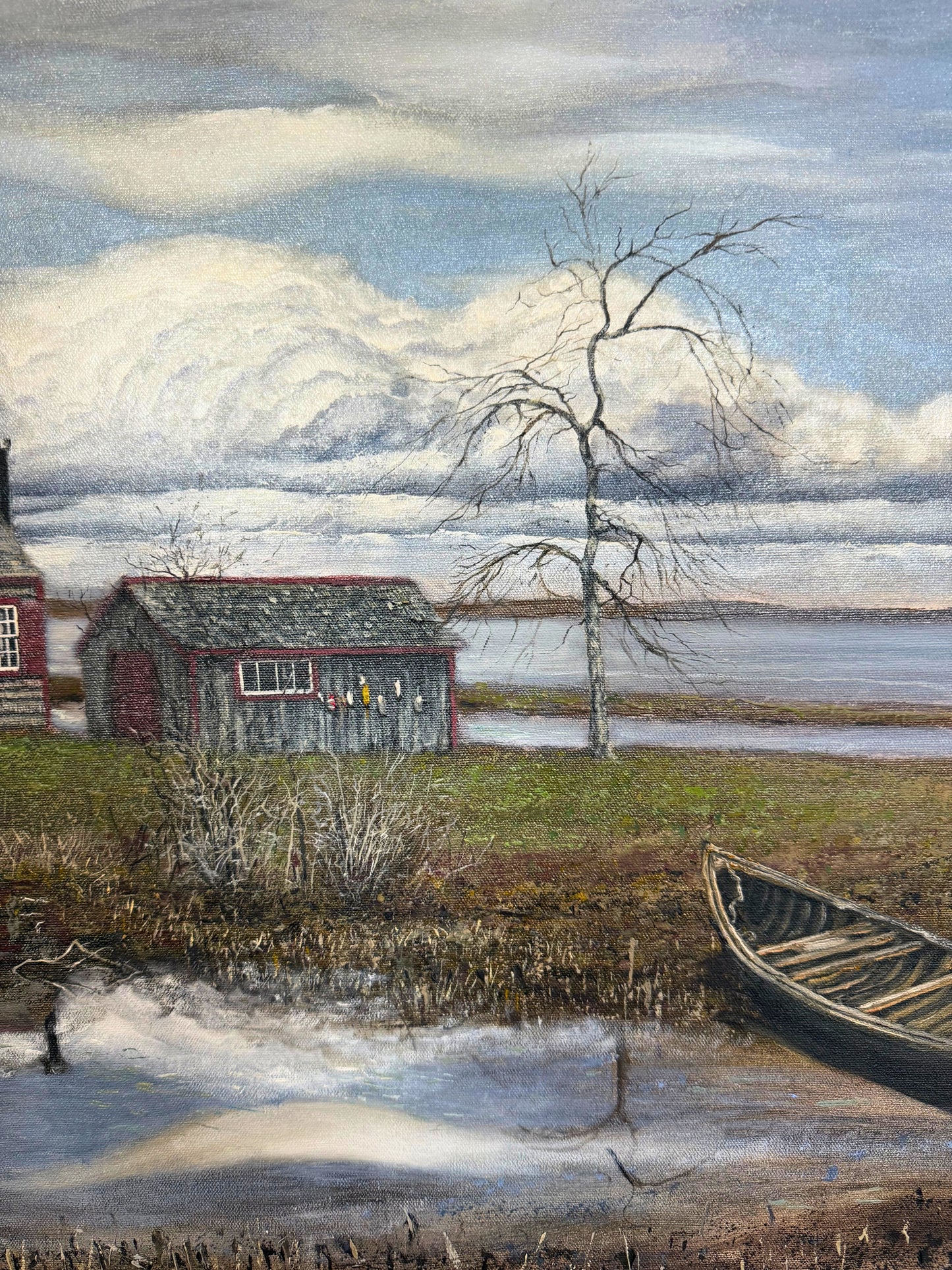 Detail of boat barn with buoys in Maine coast painting