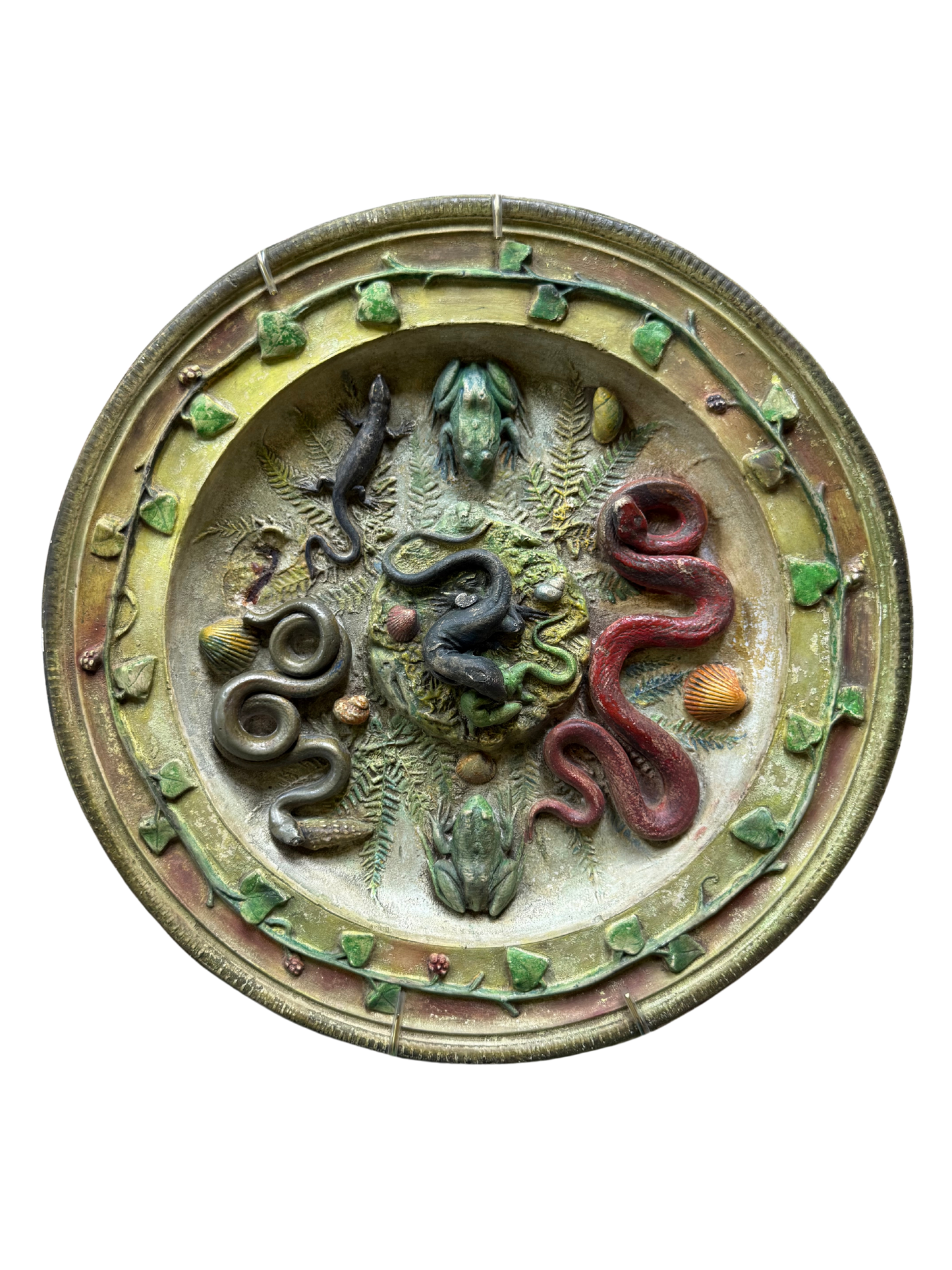 Palissy-Style Plaster Platter – Frogs, Snakes & Shells (c. early 20th century)