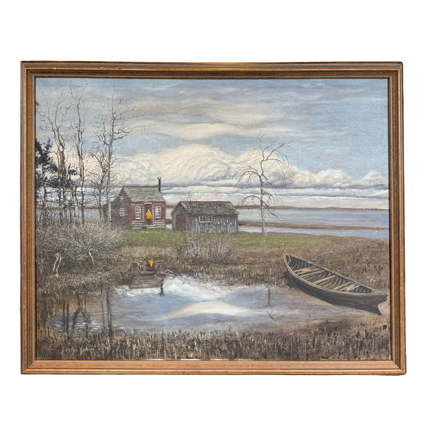 Oil painting of Maine seascape with boat, cabin, and bare trees – signed 1994 by George Gillens III