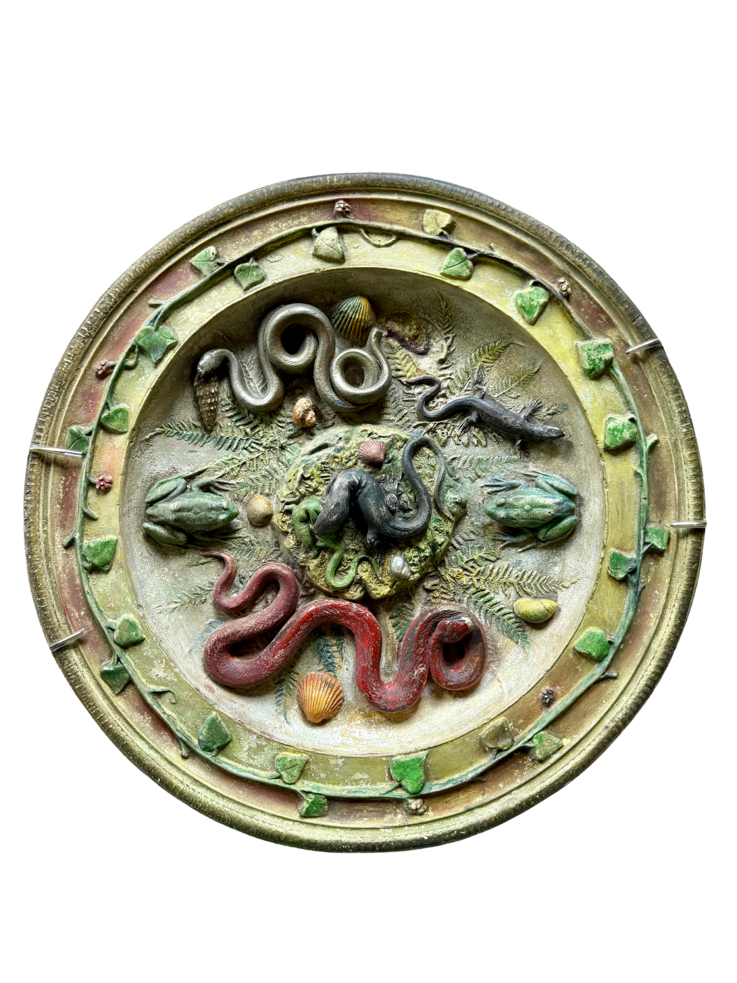 Palissy-Style Plaster Platter – Frogs, Snakes & Shells (c. early 20th century)
