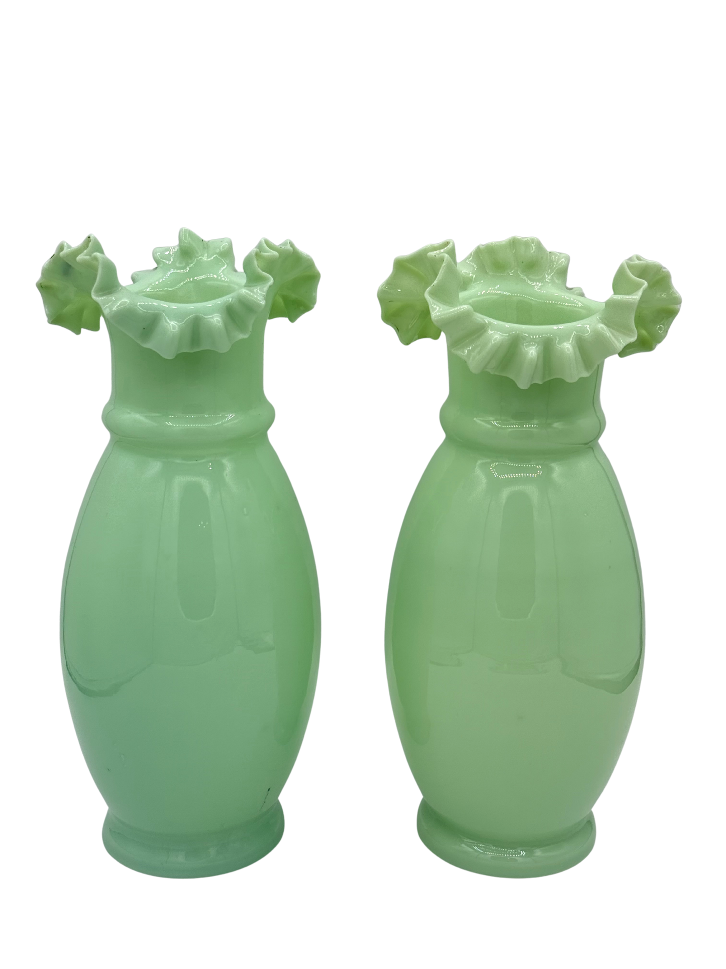 Pair of French Art Nouveau opaline glass vases in pale green with ruffled rims, circa 1900–1920, hand-blown with classic pontil marks and soft gold rim remnants.