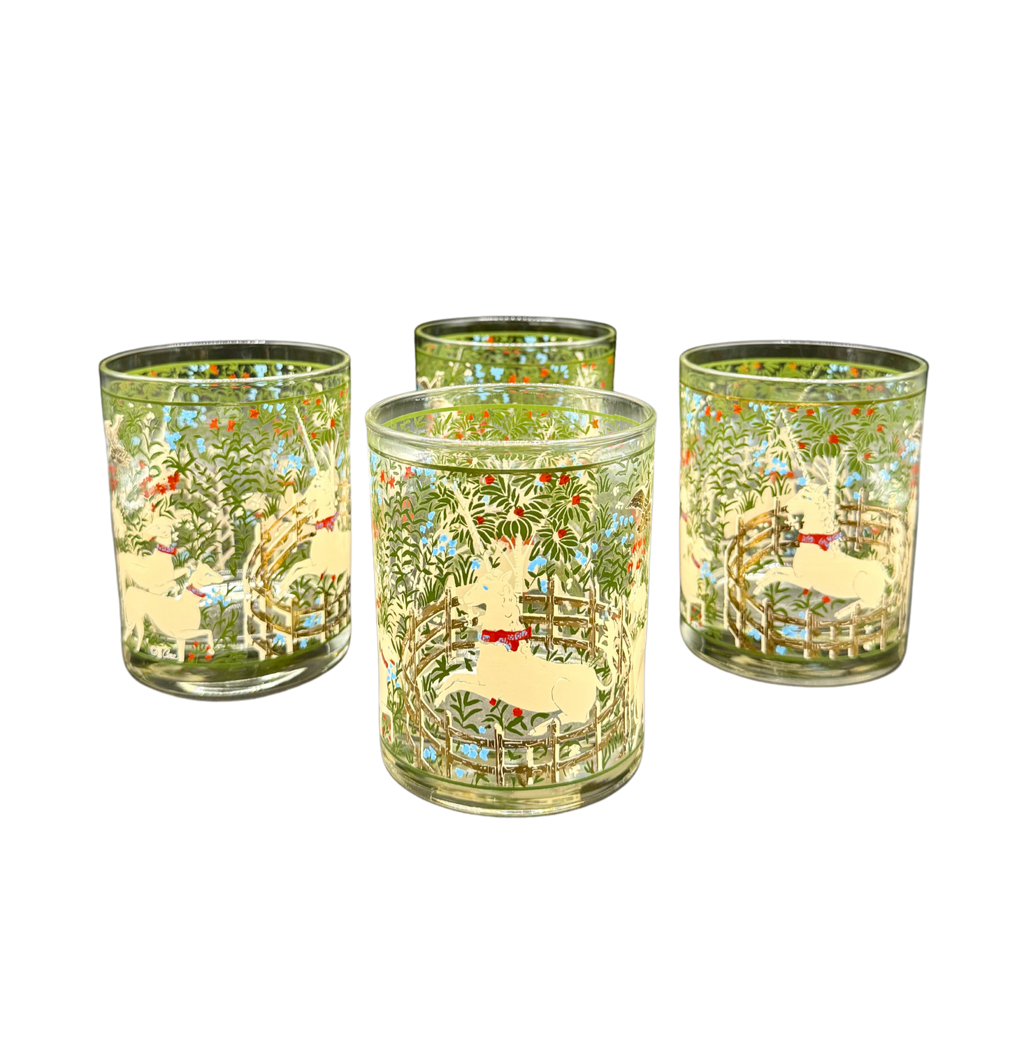 Set of four Marc Cora tumblers with 22K gold unicorn and enchanted forest scene inspired by medieval tapestry