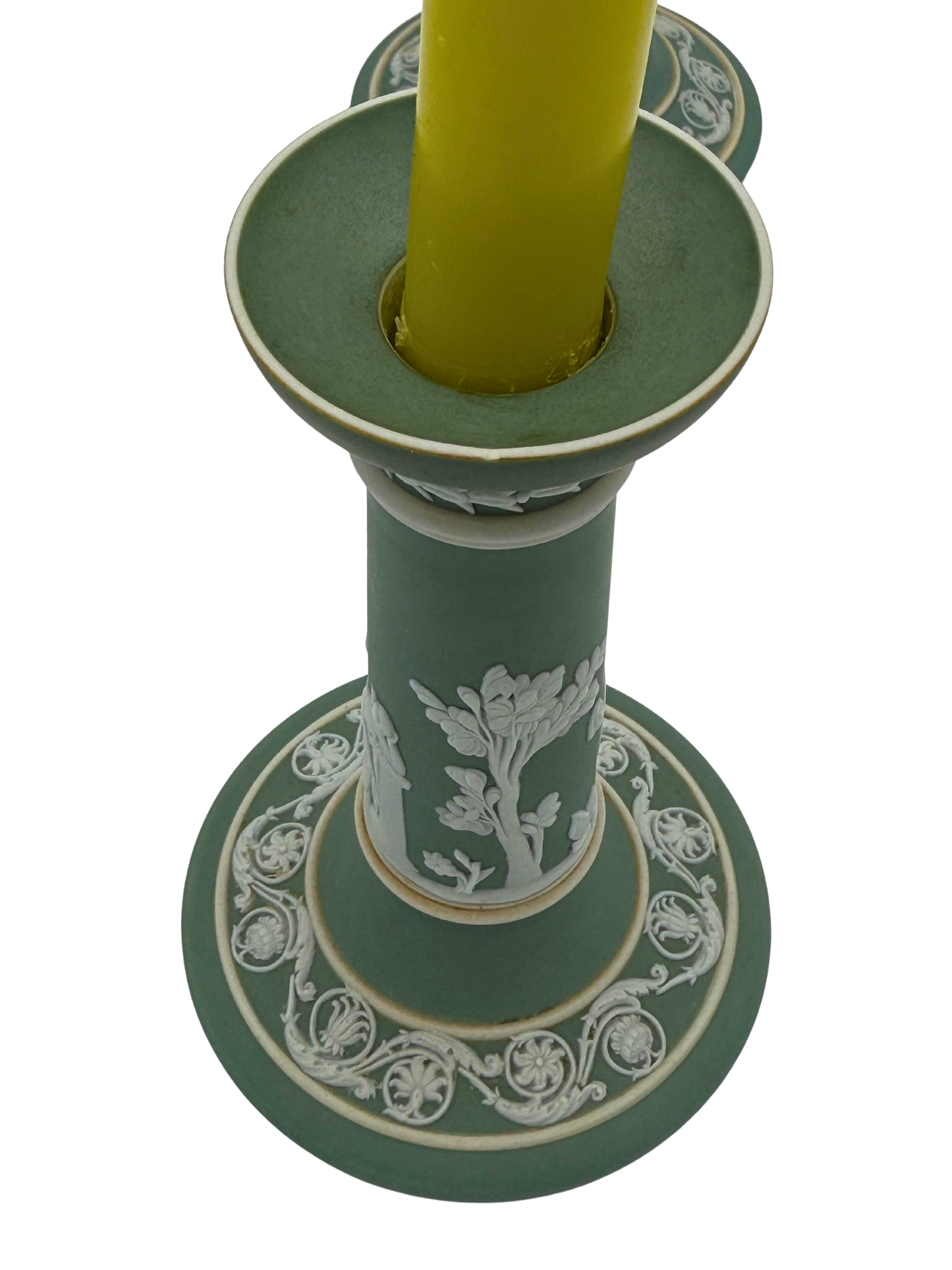 Pair of Antique Wedgwood Sage Green Jasperware Candlesticks