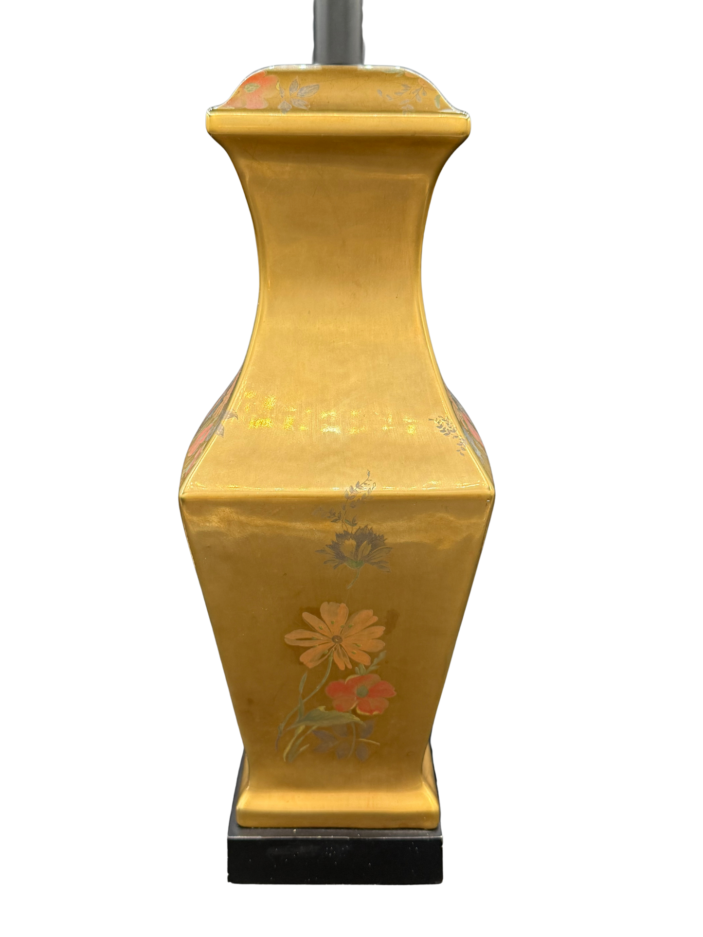 Side profile of gold porcelain Morris Greenspan lamp featuring painted wildflowers and sculptural midcentury shape