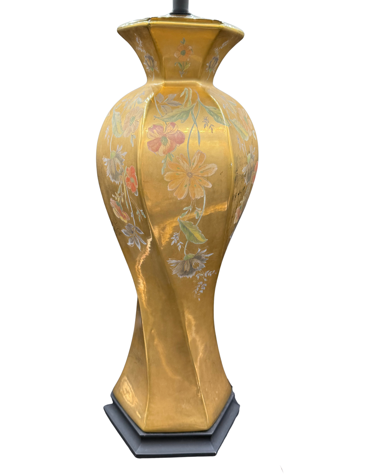 Vintage Morris Greenspan Hollywood Regency lamp with gold porcelain body, floral detailing, and sculptural twisted silhouette