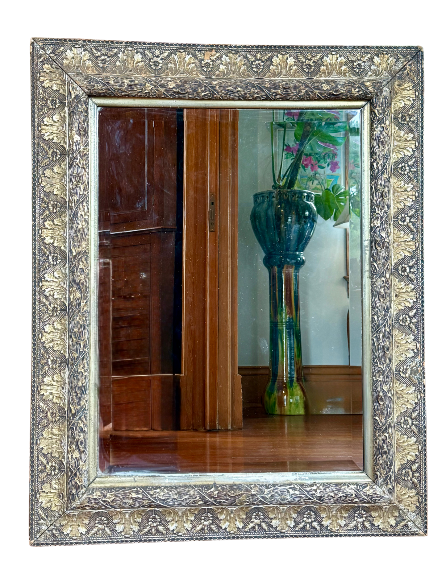 “19th c. French‑Style Silver‑Leaf Gilt Beveled Mirror 43″ W × 34.5″ H – Carved Louis‑Philippe Frame”