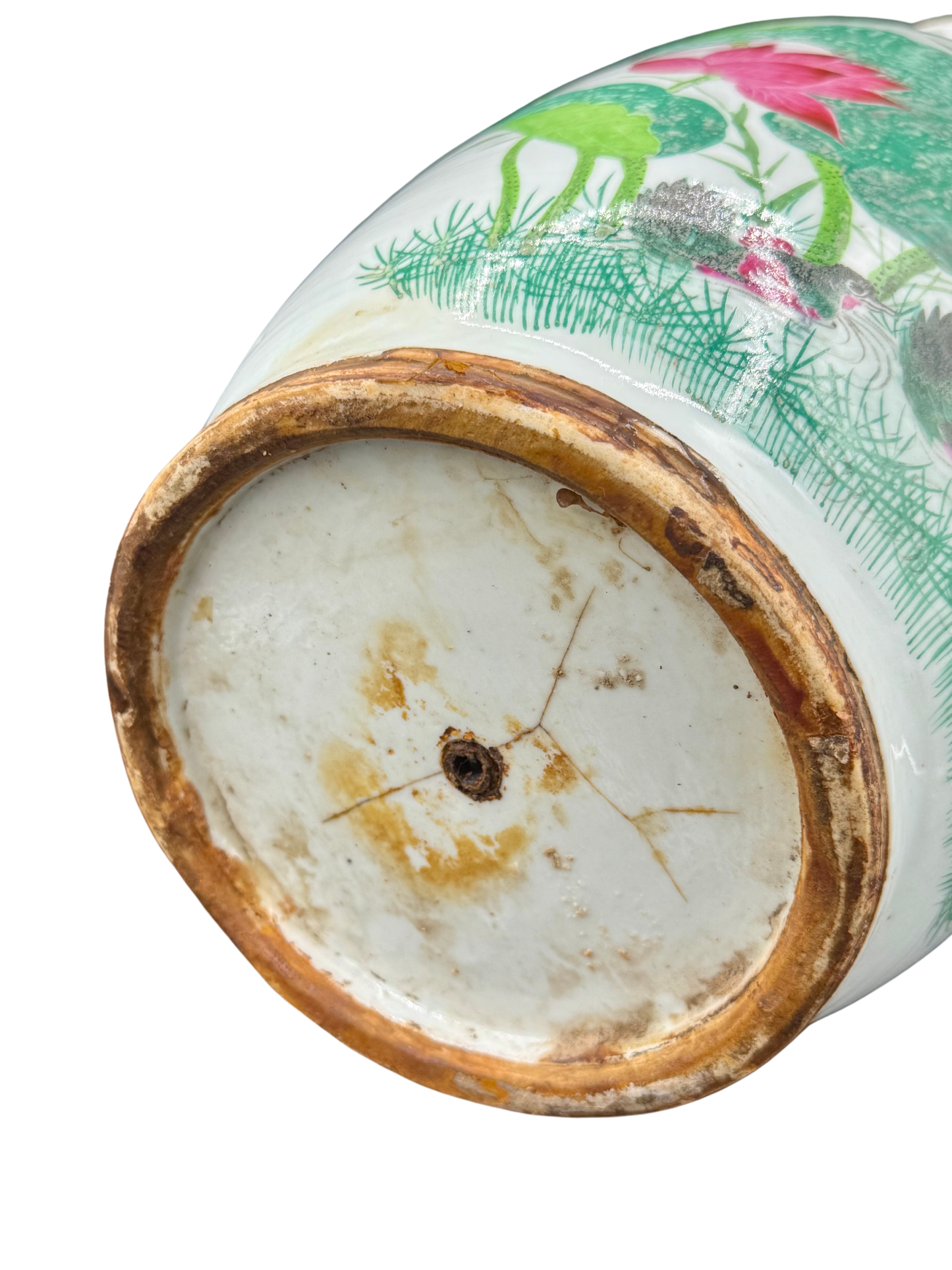 Porcelain vase base with drilled lamp hole and antique patina