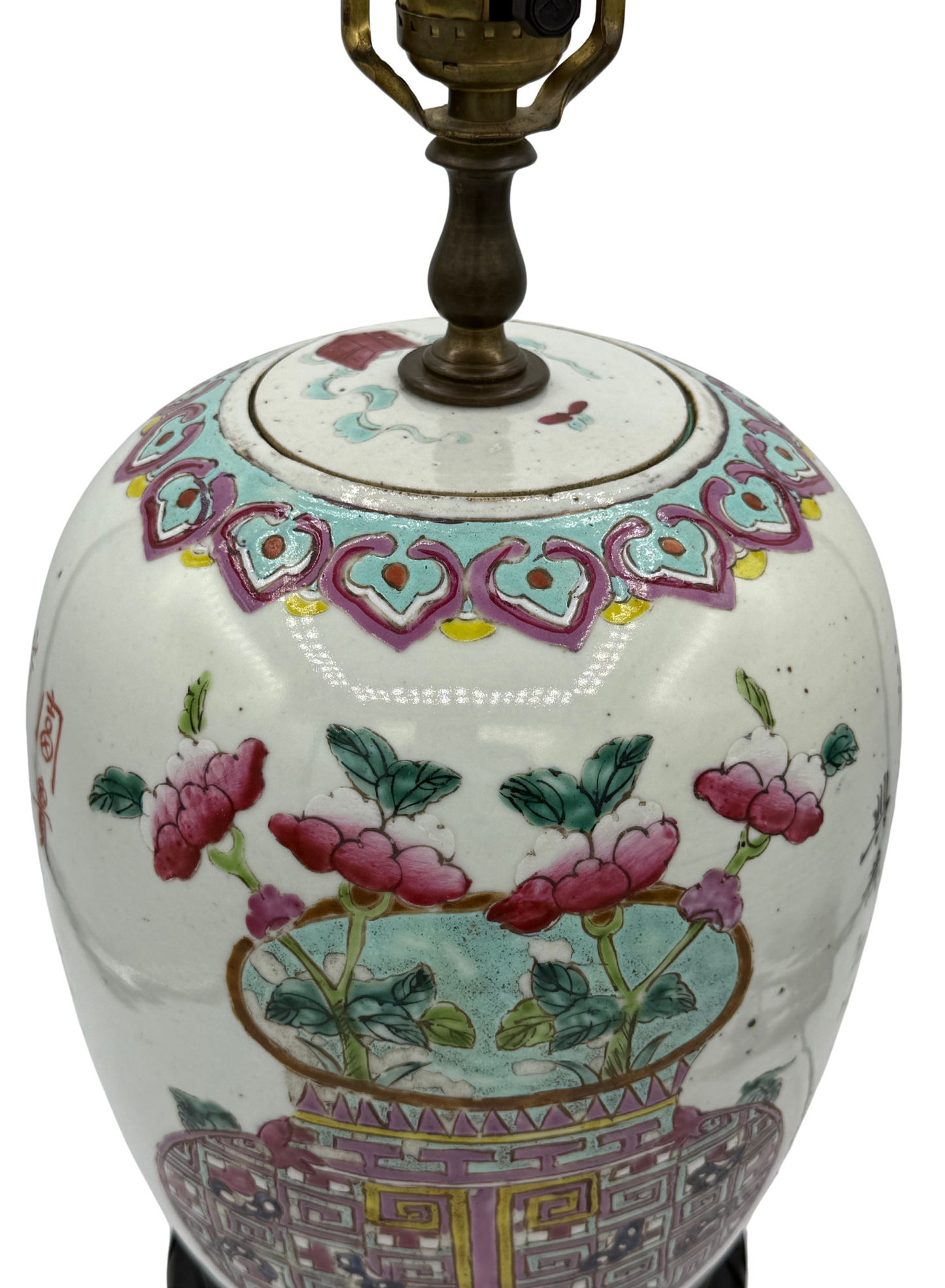 Original porcelain lid of Chinese Famille Rose lamp with antique brass hardware and hand-painted decorative motif