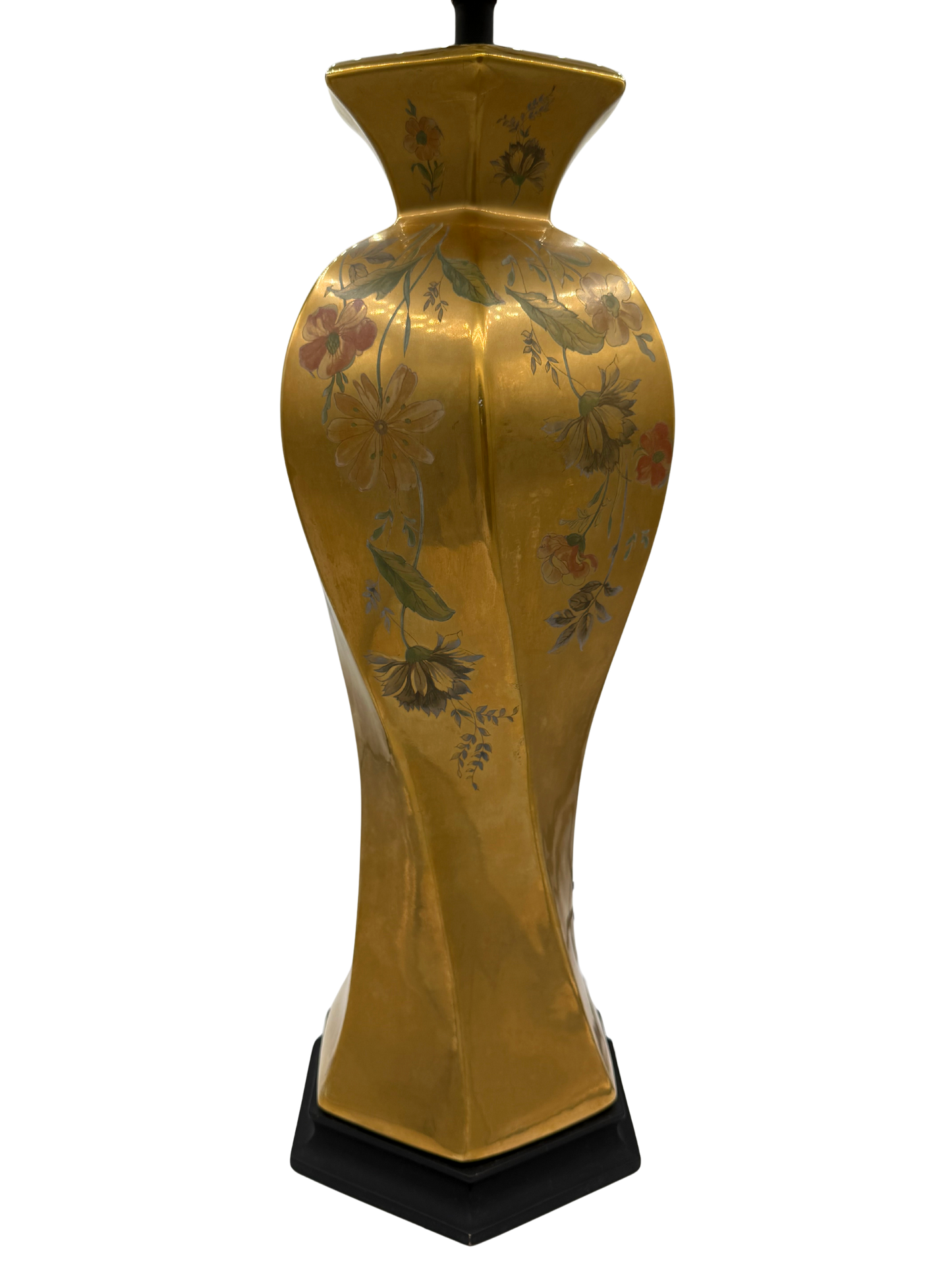 Angled rear view of gold Morris Greenspan lamp featuring soft floral painting and elegant Hollywood Regency shape