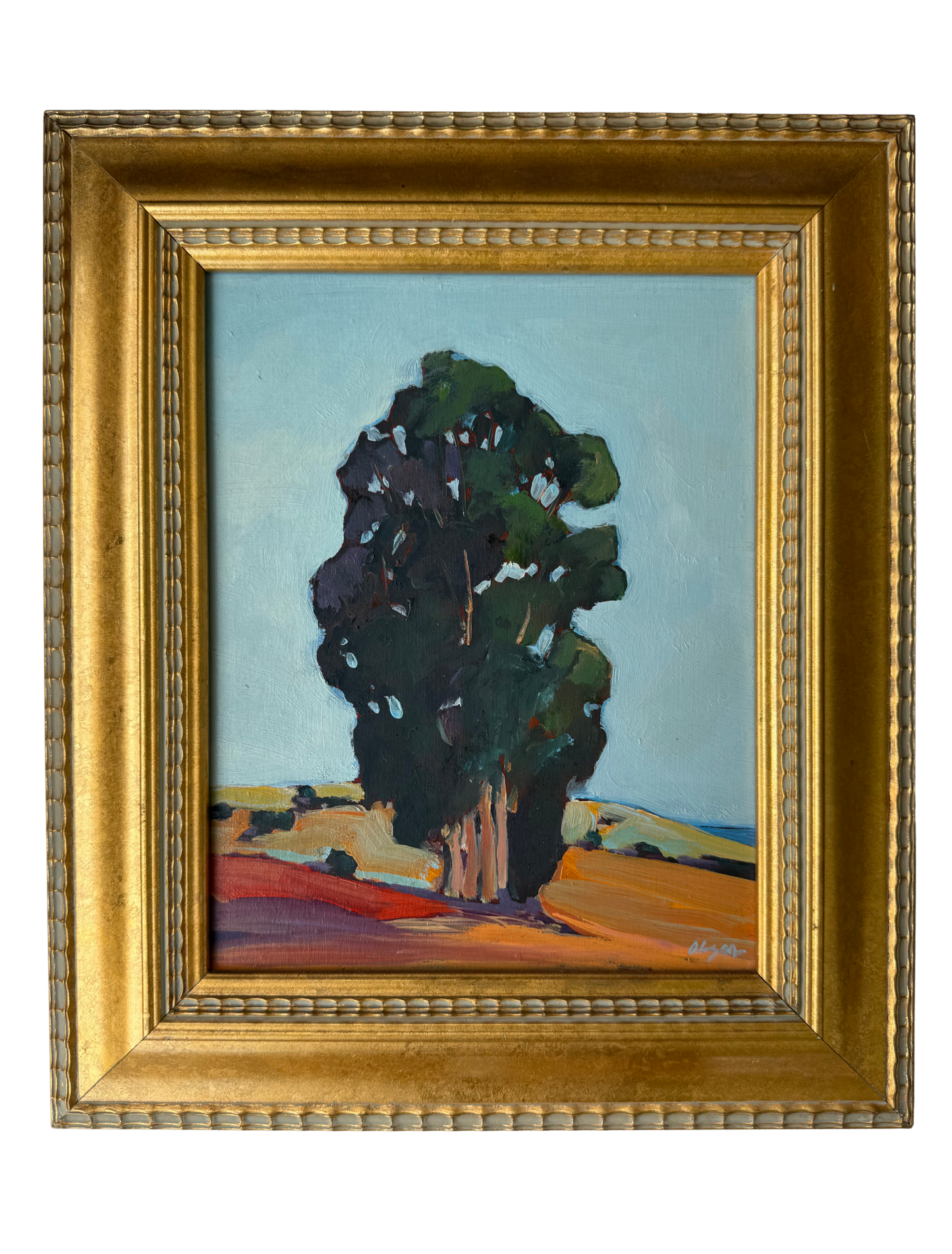 Framed oil painting by Peggy Olsen featuring a bold eucalyptus tree in a California landscape, custom gilt wood frame, 14x12 inches.