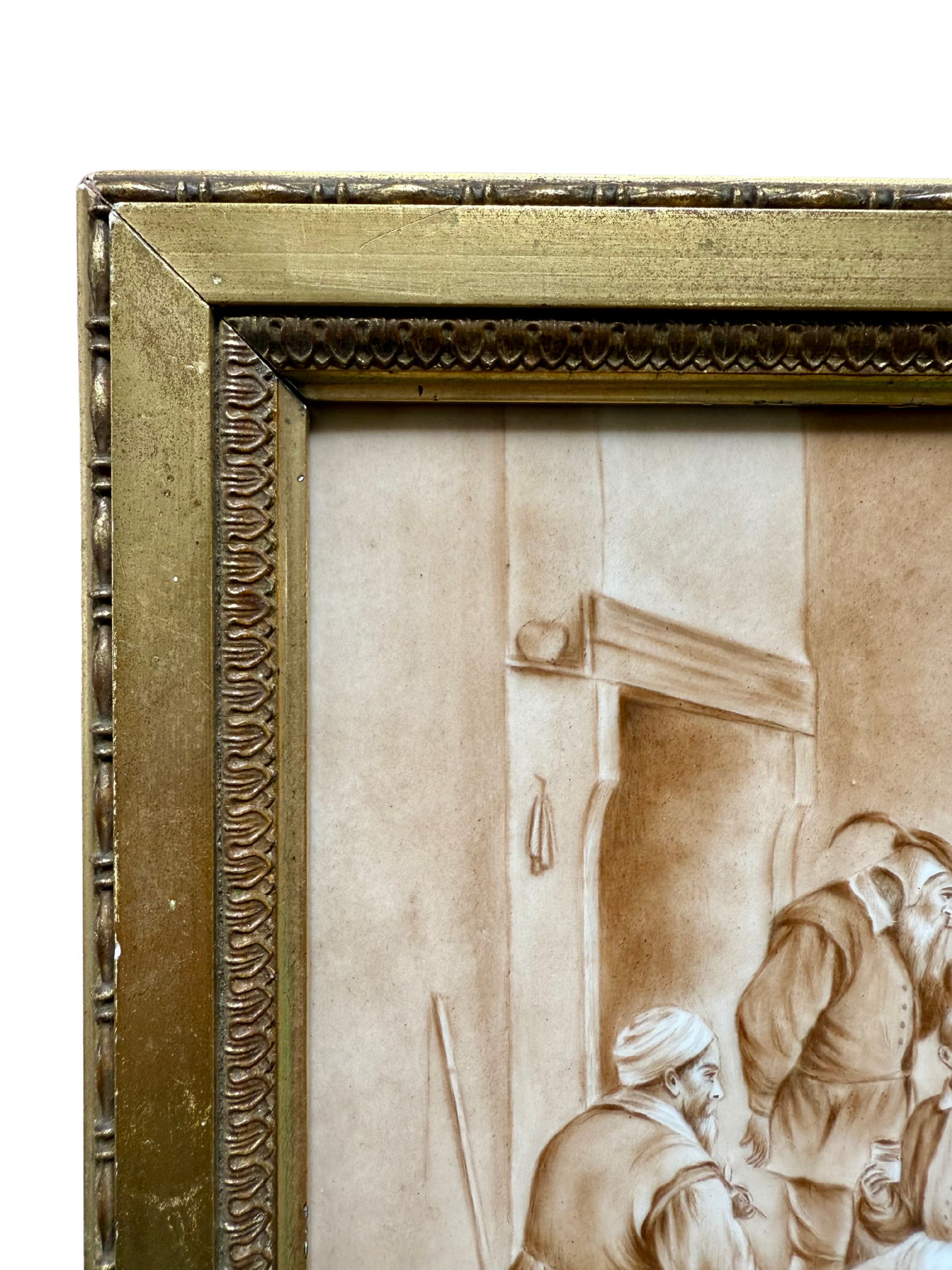 Antique European Tavern Painting on Tile – Signed Mathilde Brunol, 1894