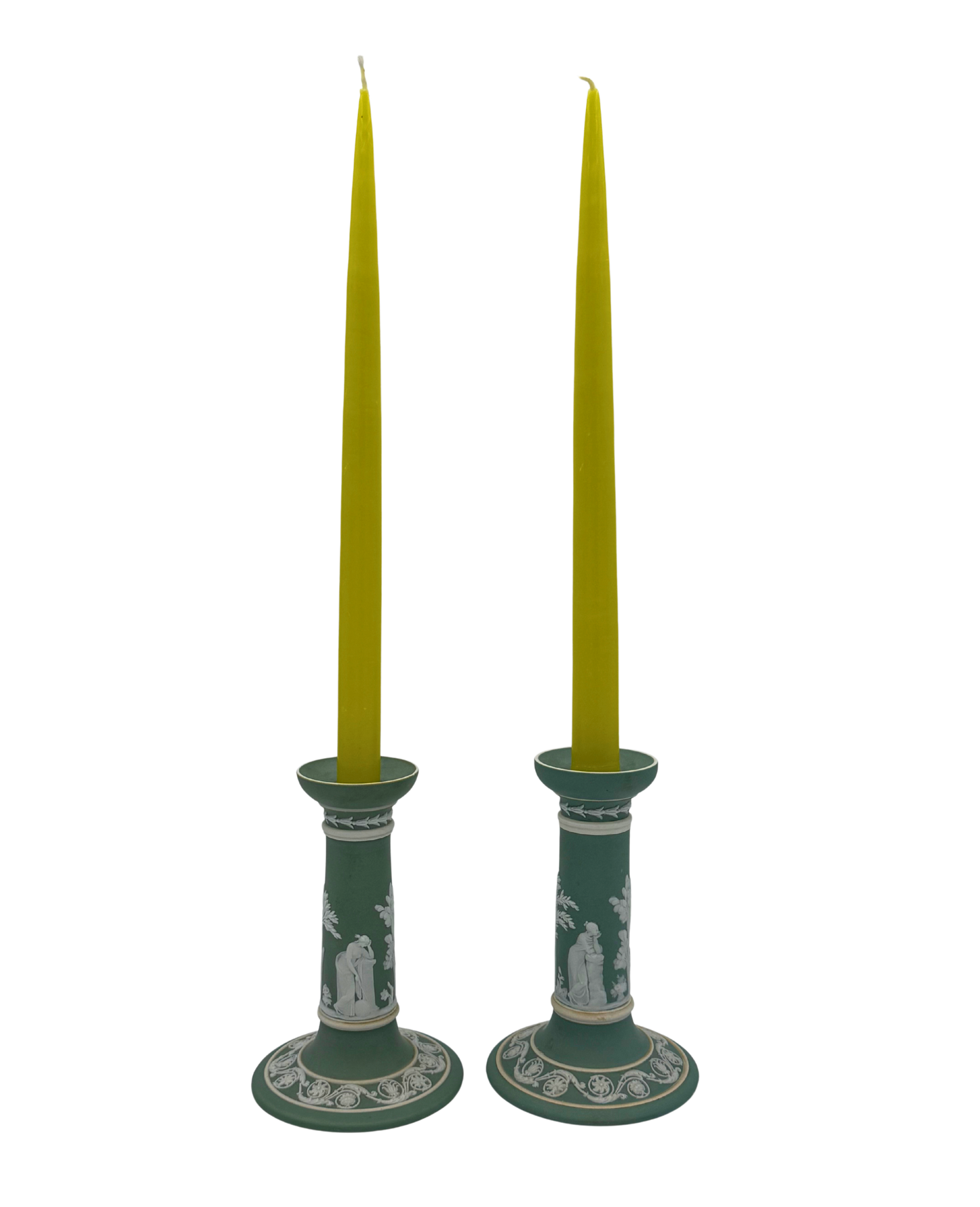 Pair of Antique Wedgwood Sage Green Jasperware Candlesticks