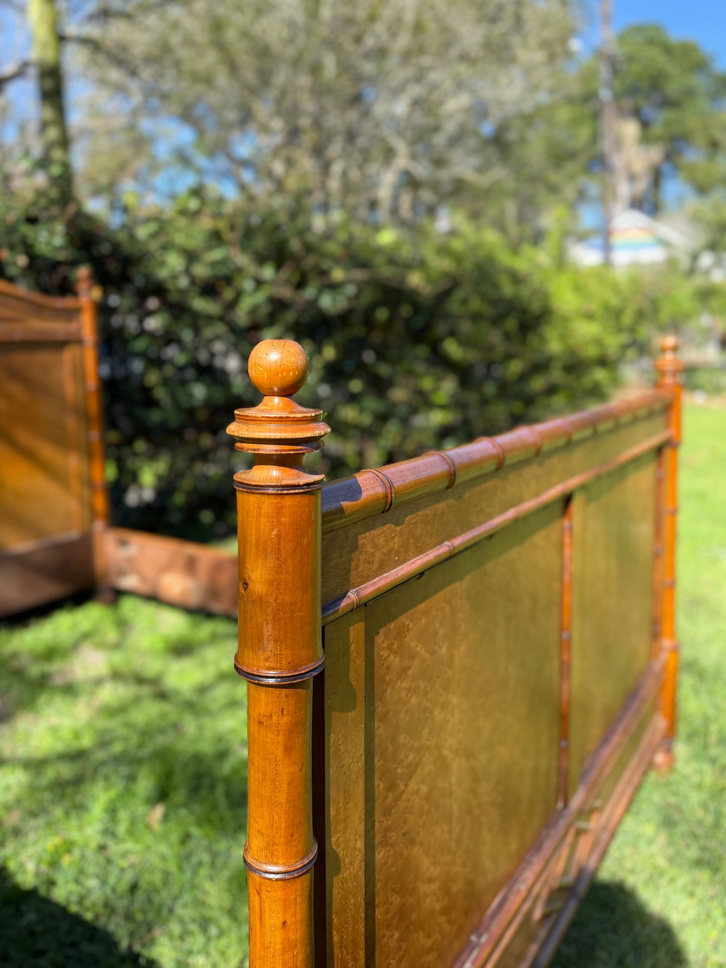 Antique French Faux Bamboo Birds Eye Maple Bed Frame