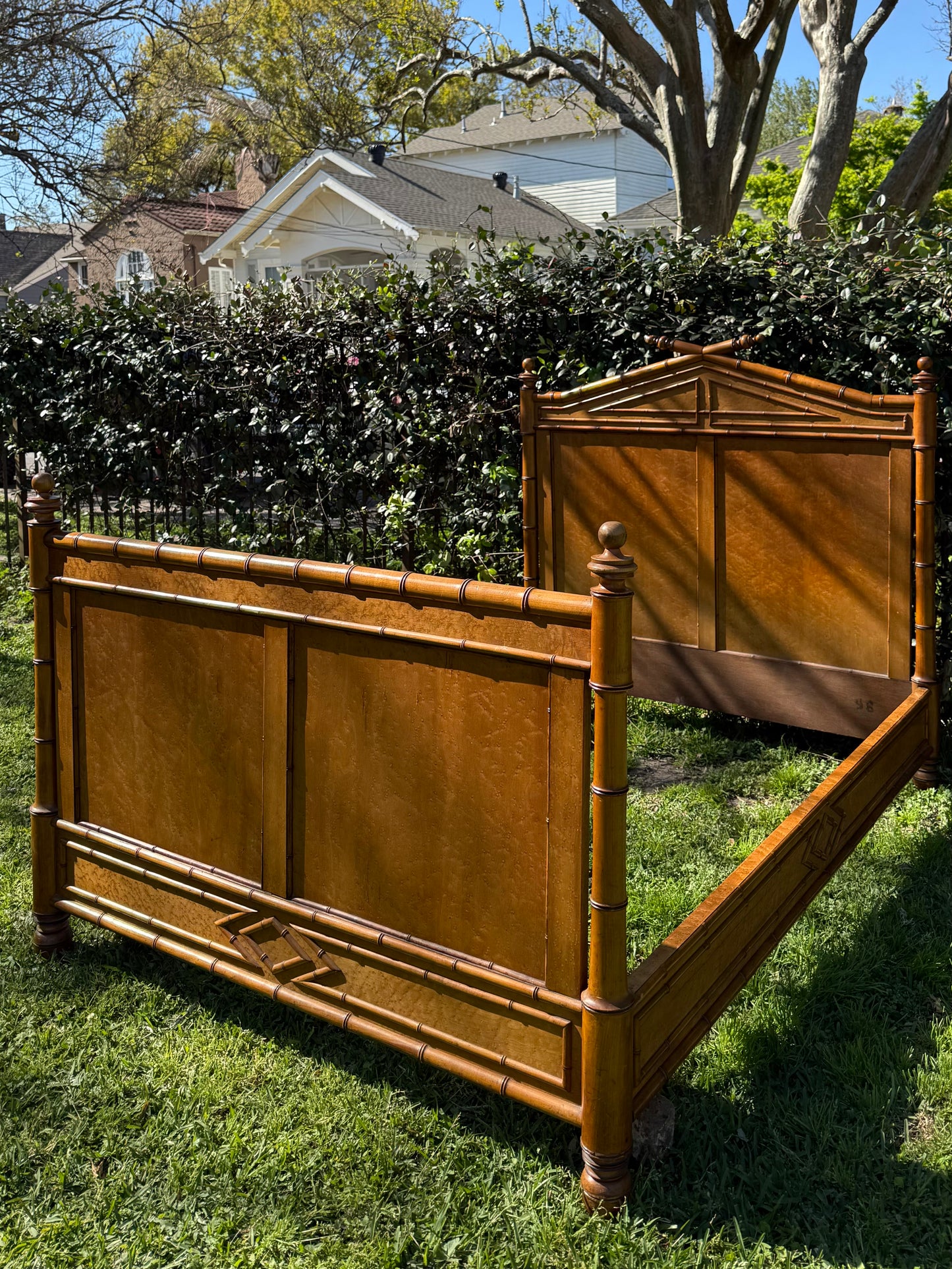 Antique French Faux Bamboo Birds Eye Maple Bed Frame
