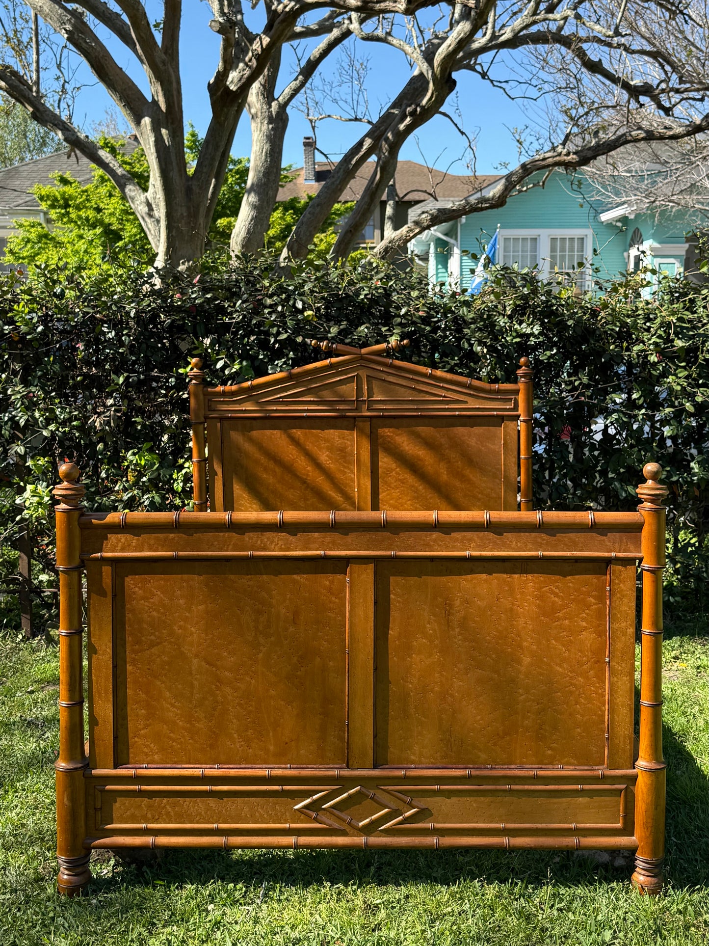 Antique French Faux Bamboo Birds Eye Maple Bed Frame