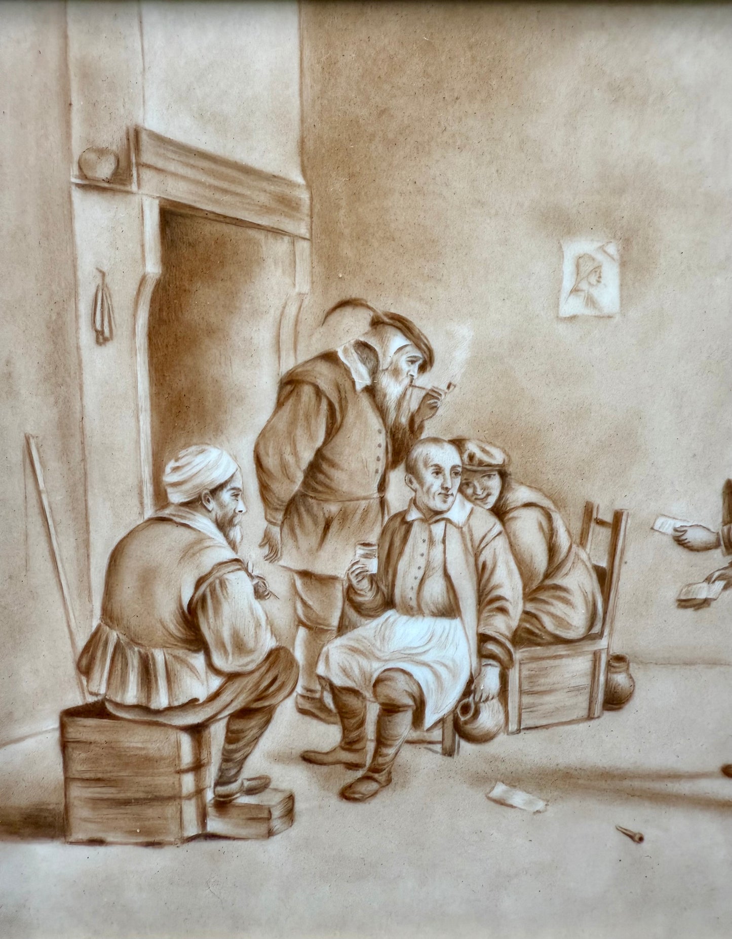 Antique European Tavern Painting on Tile – Signed Mathilde Brunol, 1894