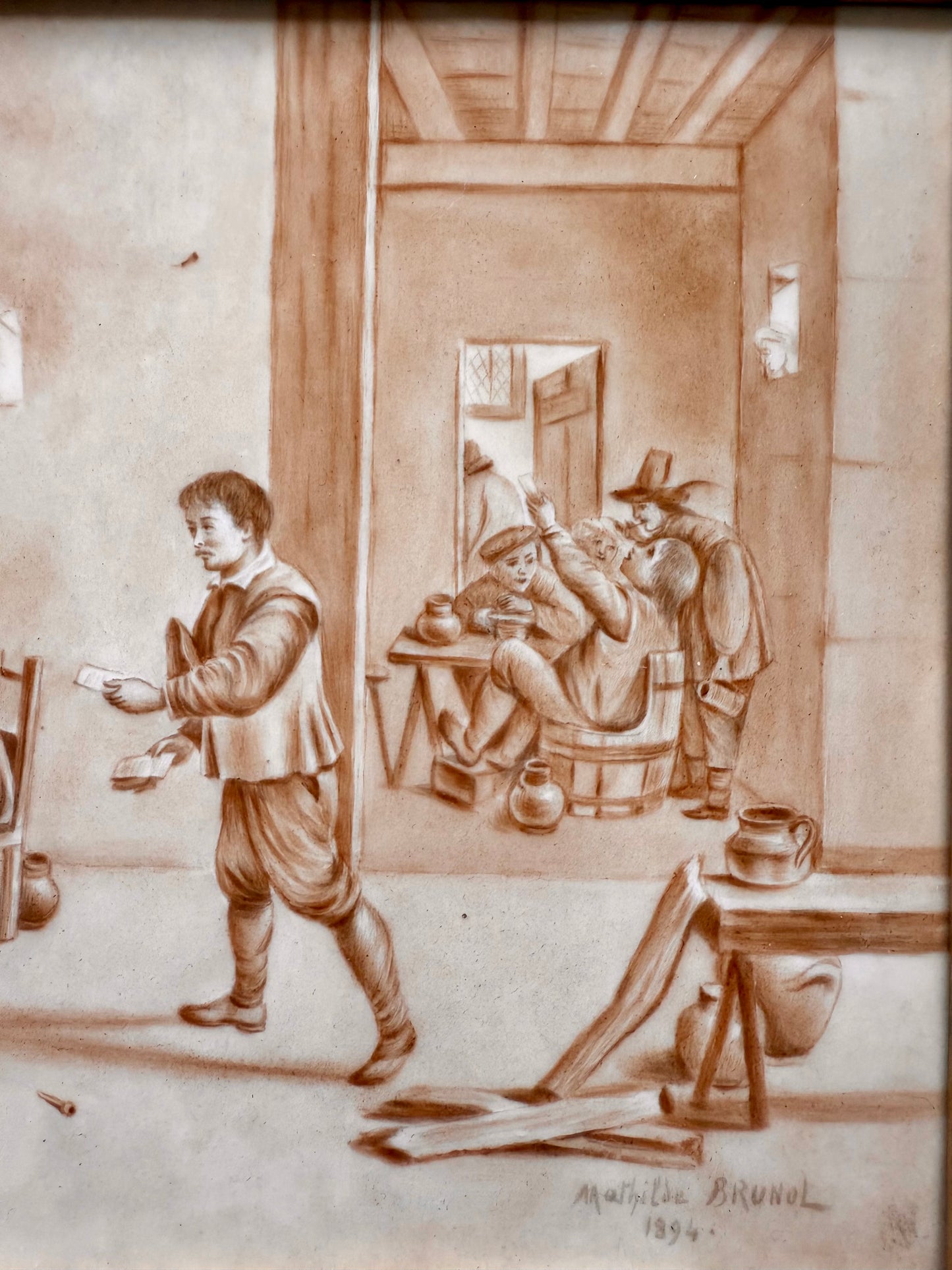 Antique European Tavern Painting on Tile – Signed Mathilde Brunol, 1894