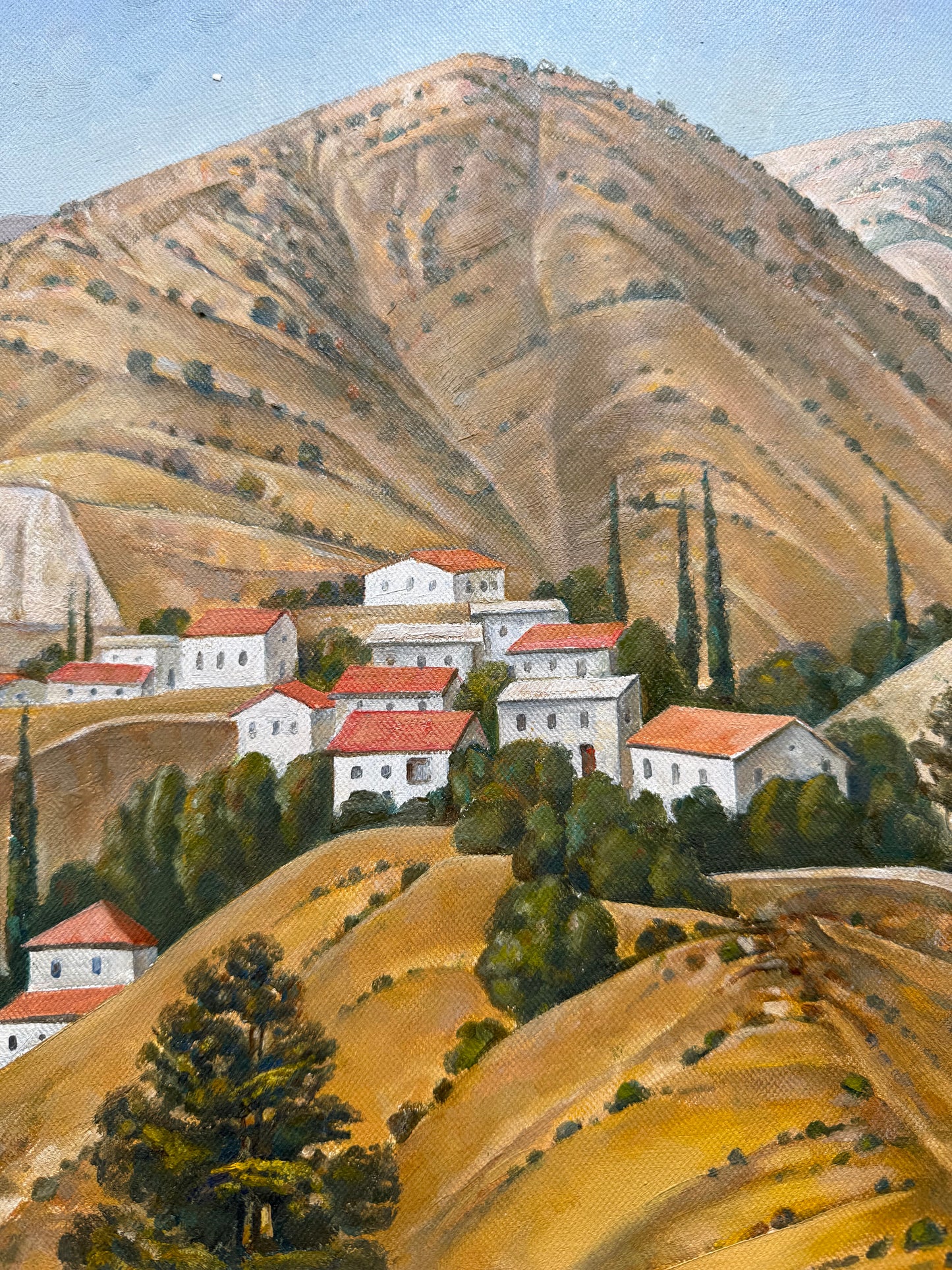 Cyprus Village Landscape – Oil on Canvas, Signed by Bazati
