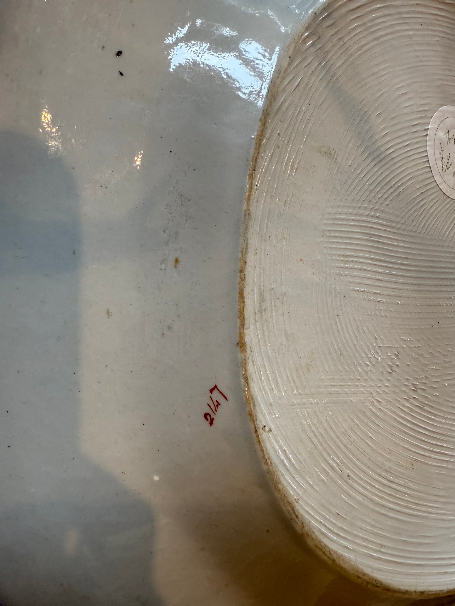 Red handwritten pattern number 2167 on the back of antique Spode Stone China platter.