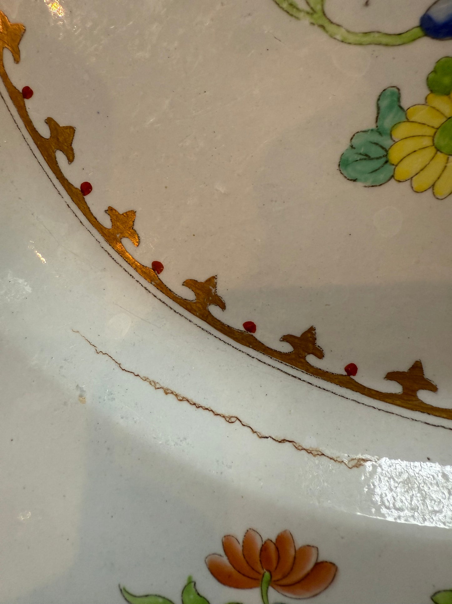 Antique Spode Stone China Platter – Hand-Painted Famille Rose Floral, c. 1820 – 19" x 14.5"