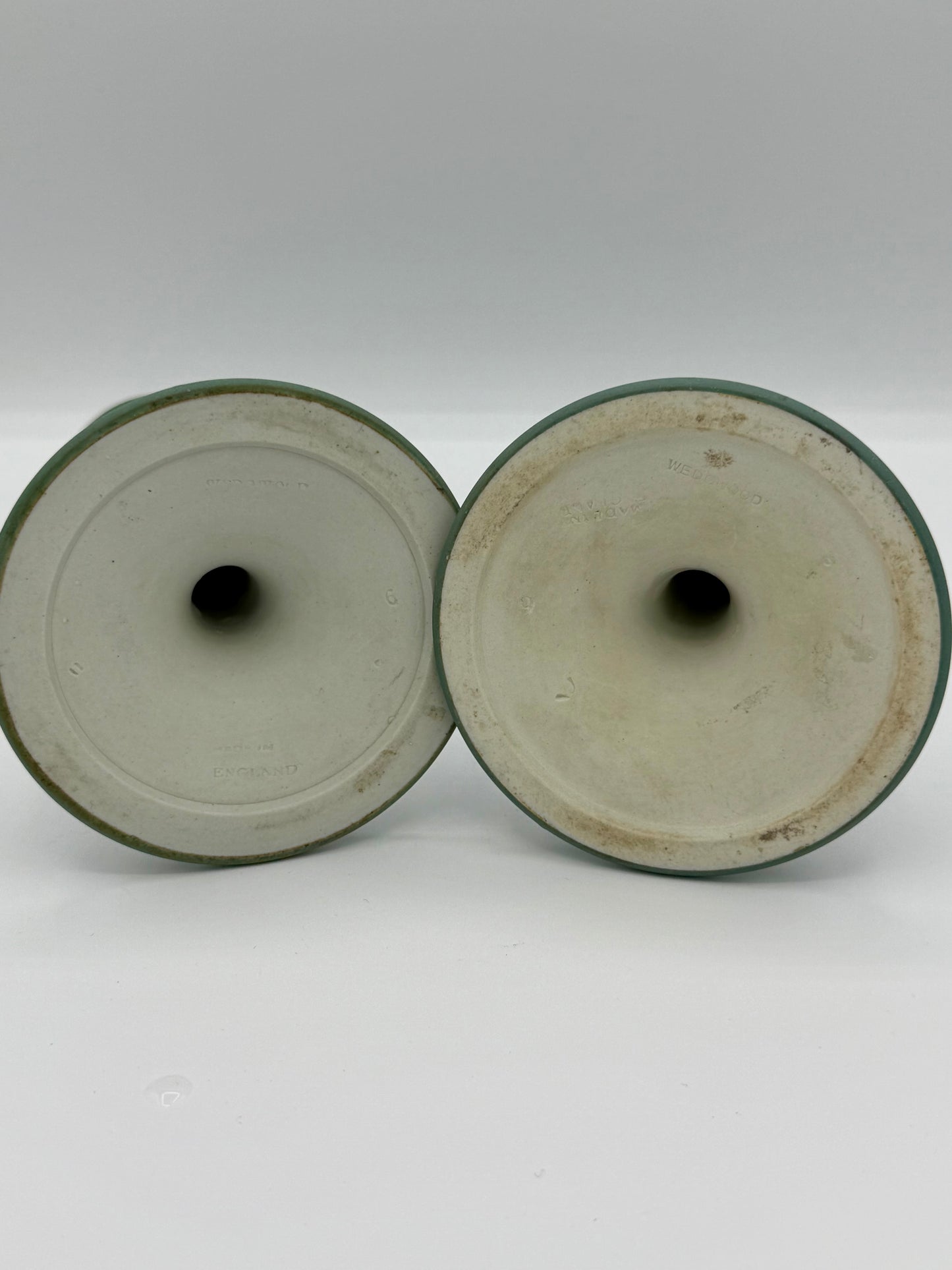 Pair of Antique Wedgwood Sage Green Jasperware Candlesticks