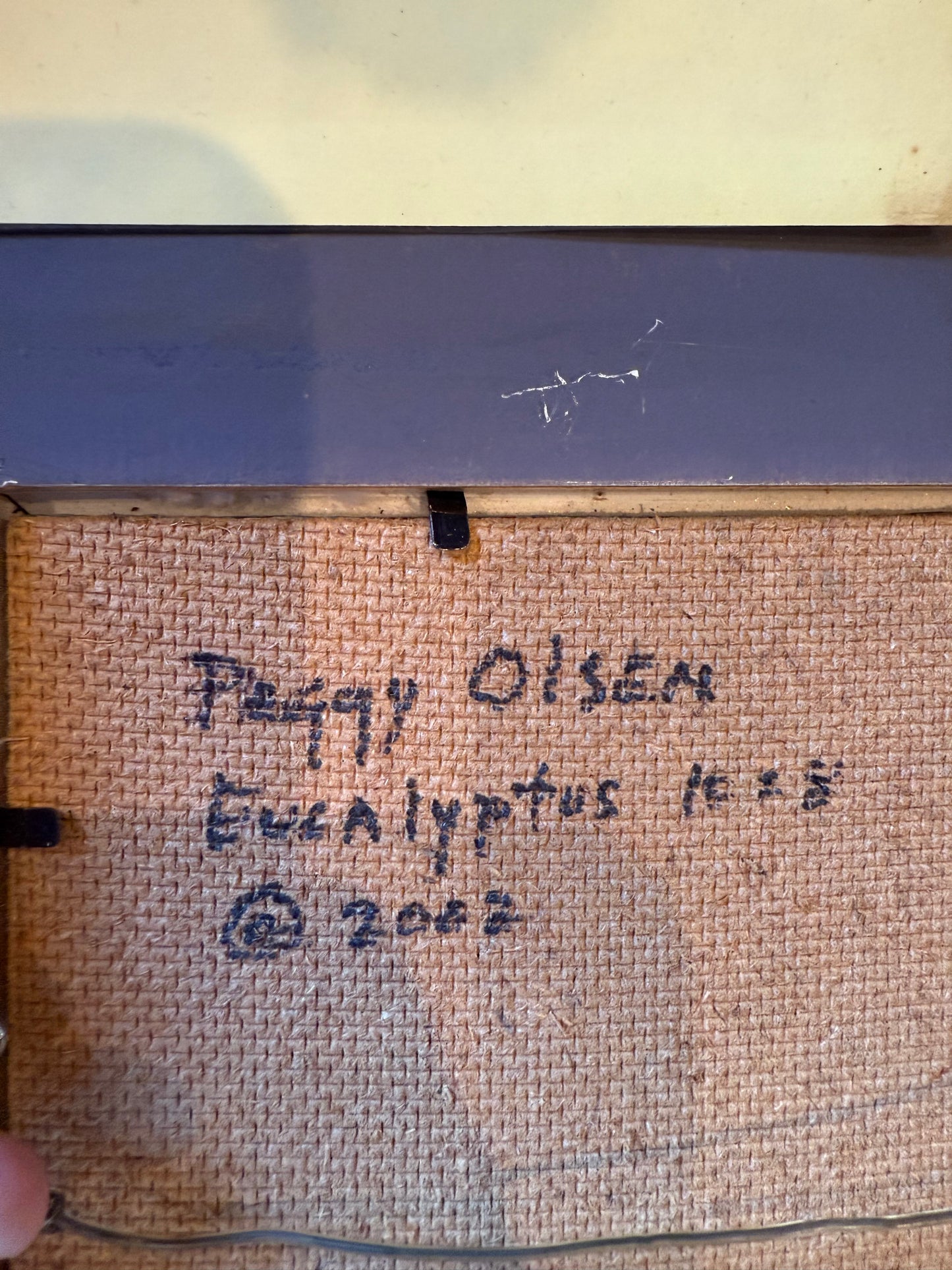 Peggy Olsen Signature, date and title of oil painting on board
