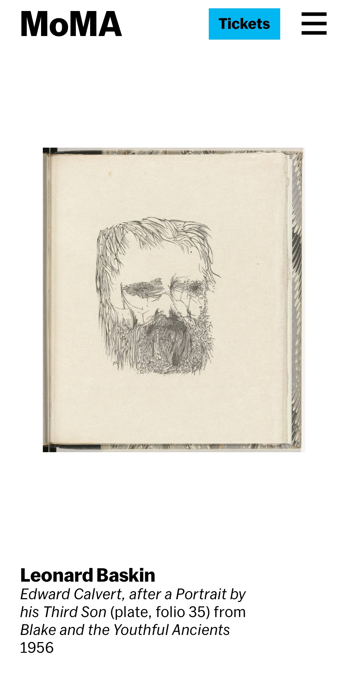Screenshot from MoMA showing Leonard Baskin’s Edward Calvert, after a Portrait by his Third Son from 1956, confirming the print’s museum-held provenance.