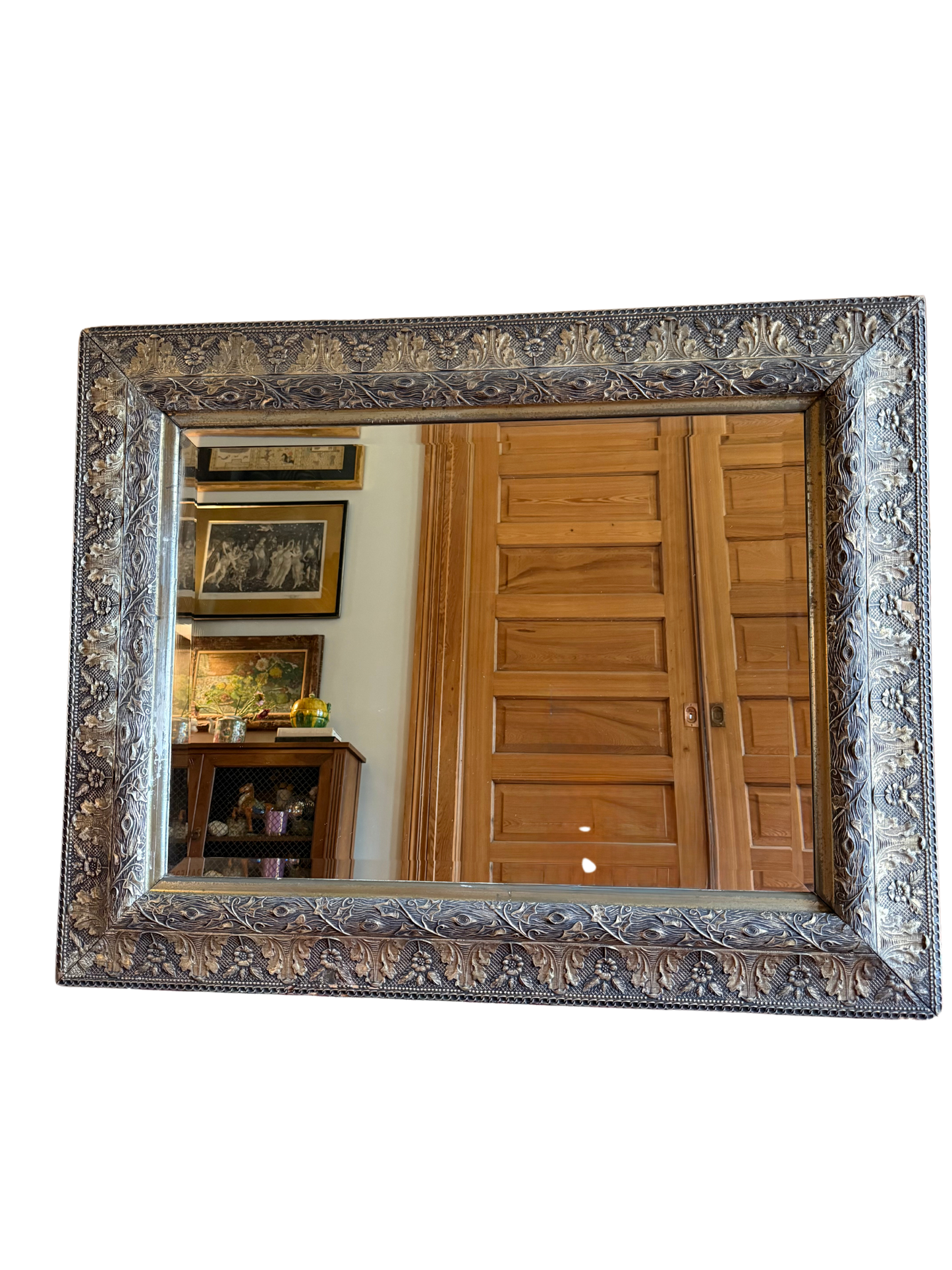 Large French-style Louis Philippe antique wall mirror with beveled glass and silver-leaf carved wood frame, 43x34 inches
