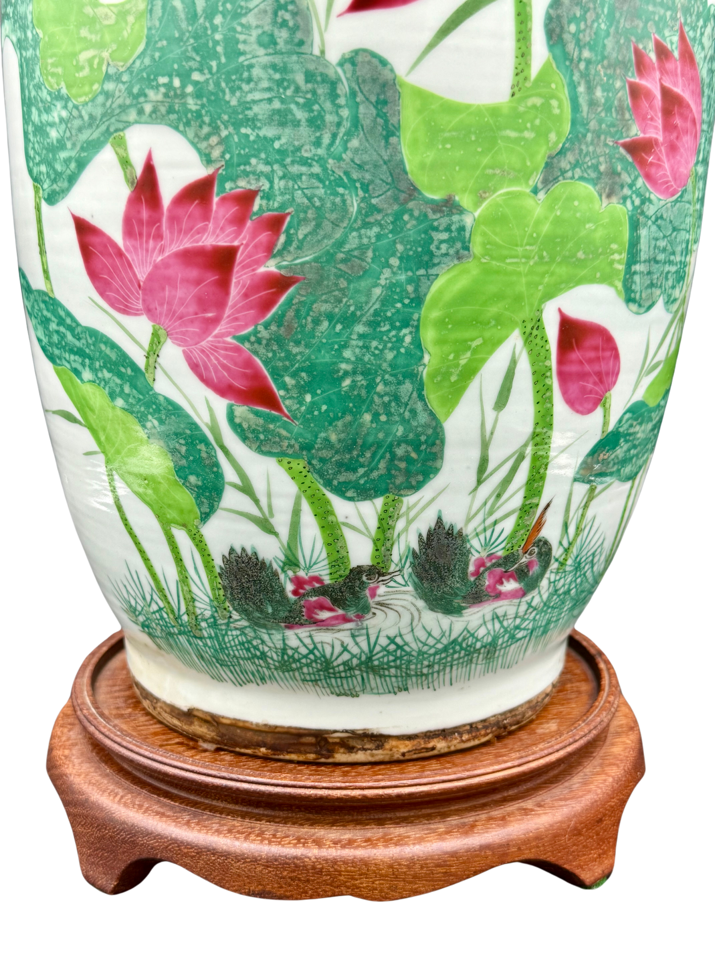 Hand-painted ducks and lotus on antique Qing dynasty porcelain vase or temple jar