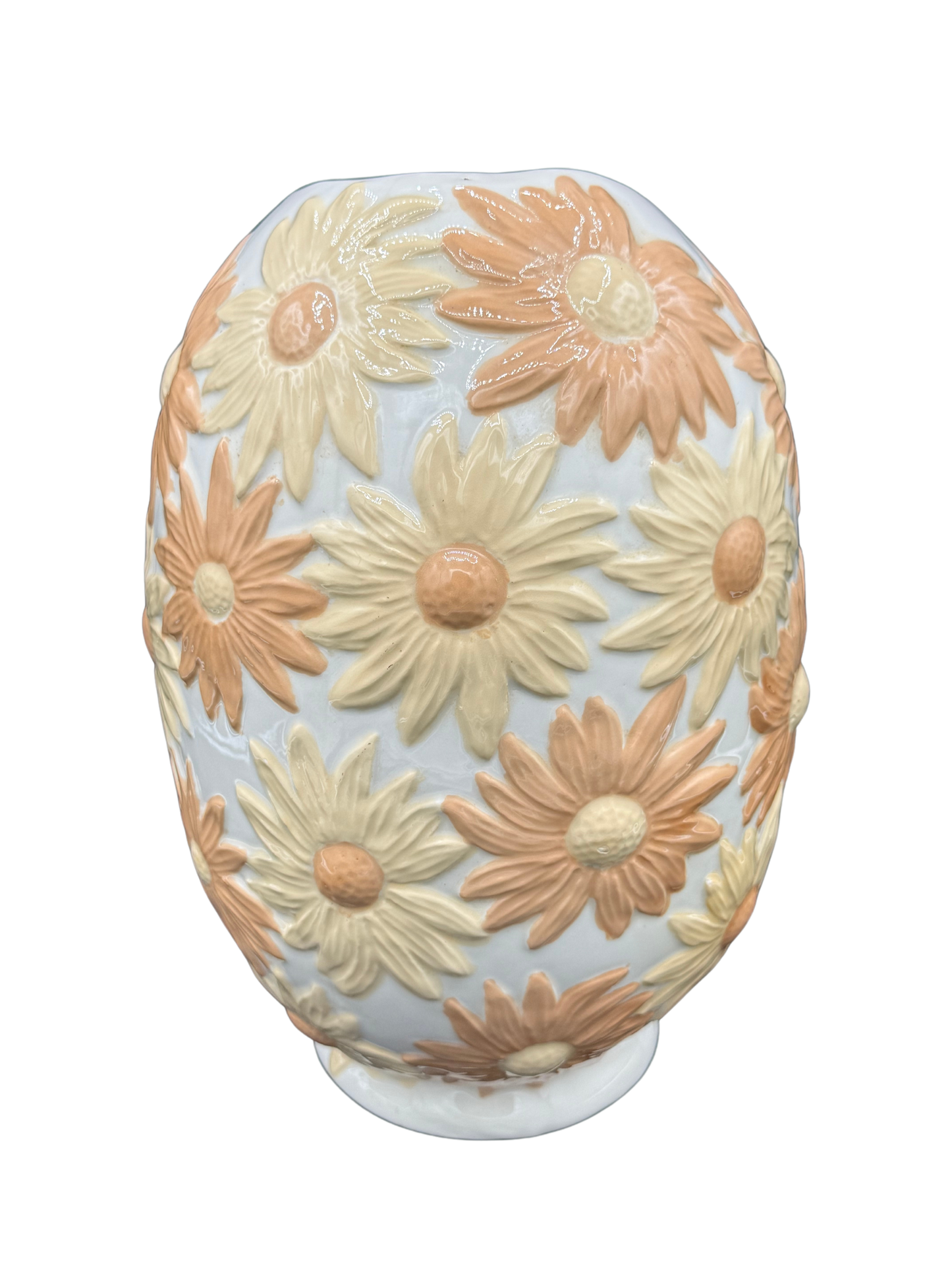 Back detail of white ceramic vase with embossed cream and apricot flowers, vintage style.