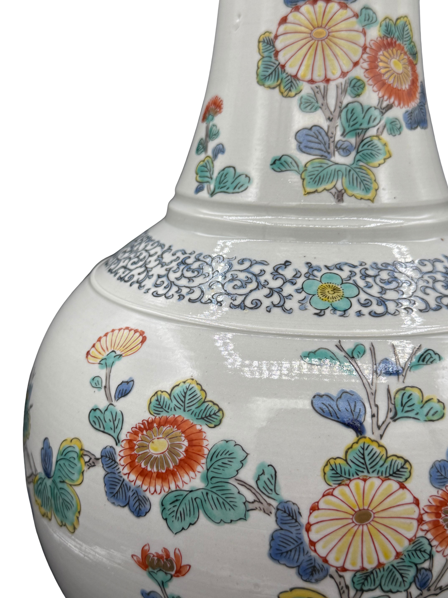 Side detail of ceramic lamp showing red peonies and green foliage with traditional Chinese-style painted florals