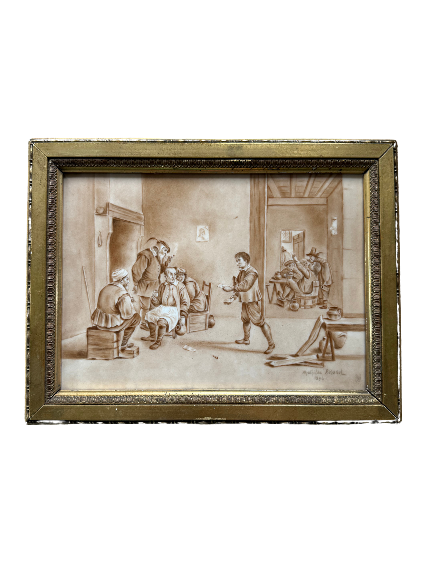 Antique European Tavern Painting on Tile – Signed Mathilde Brunol, 1894