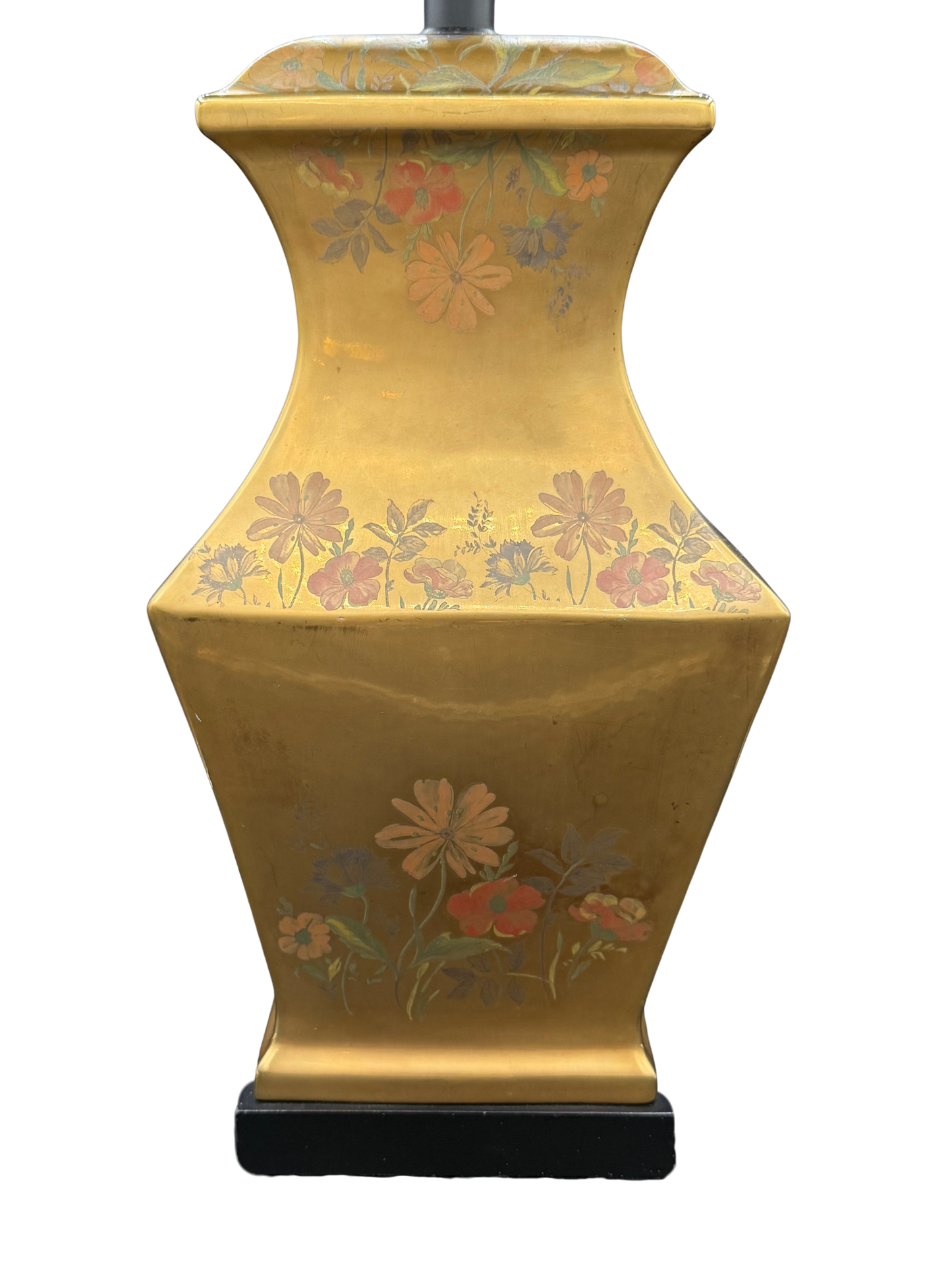Front view of vintage Morris Greenspan lamp with gold porcelain body, hand-painted floral motifs, and black wooden base