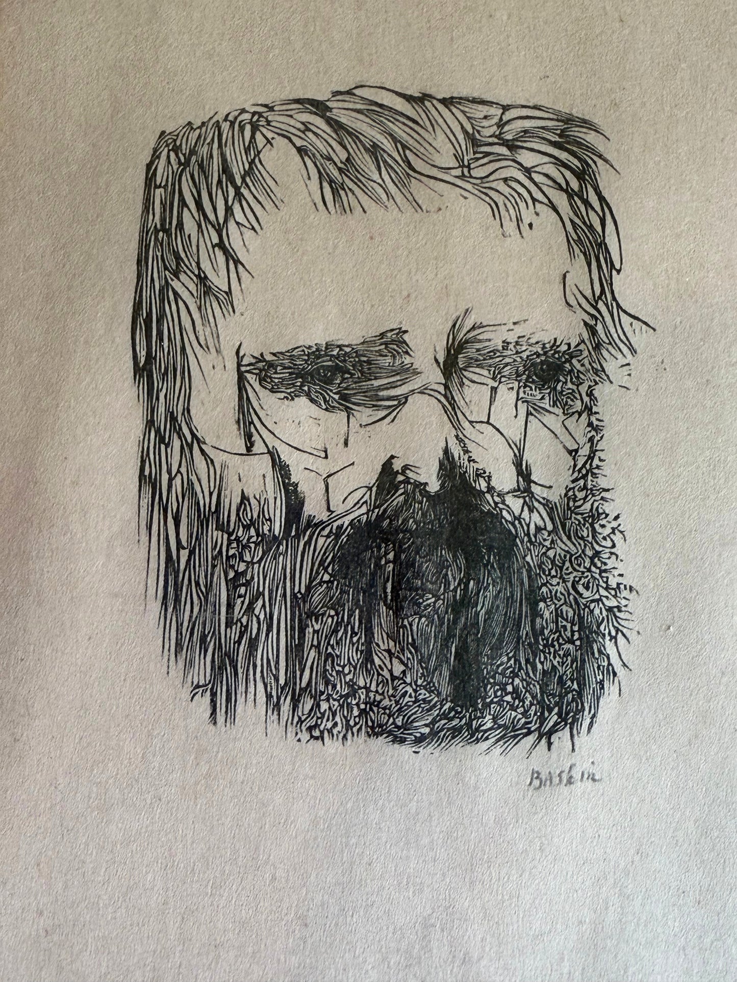Close-up of Leonard Baskin's Portrait of Edward Calvert wood engraving, showing intricate linework and signature at bottom right.