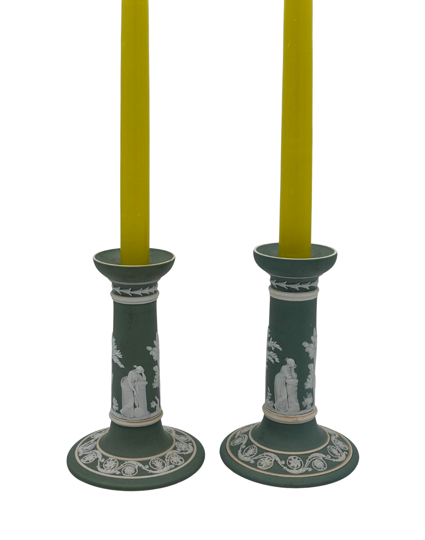 Pair of Antique Wedgwood Sage Green Jasperware Candlesticks