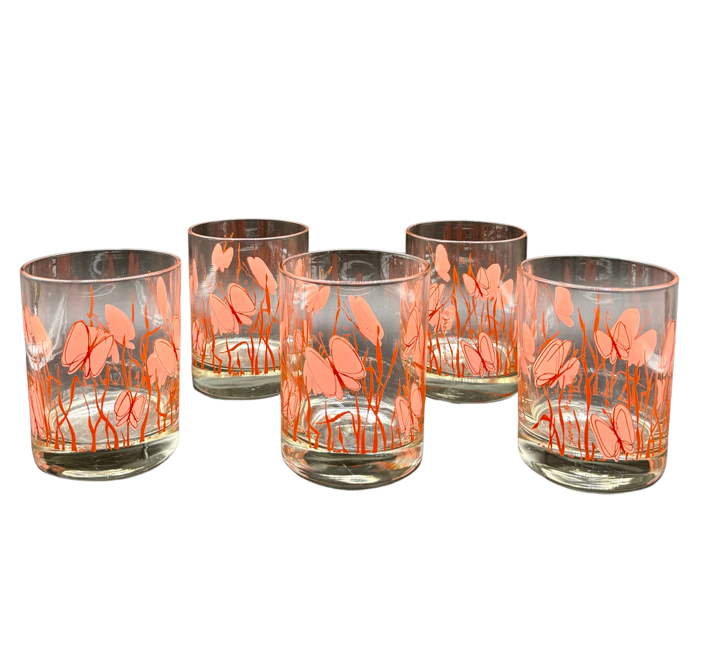 Set of five vintage butterfly glasses by Georges Briard in pink and orange midcentury pattern